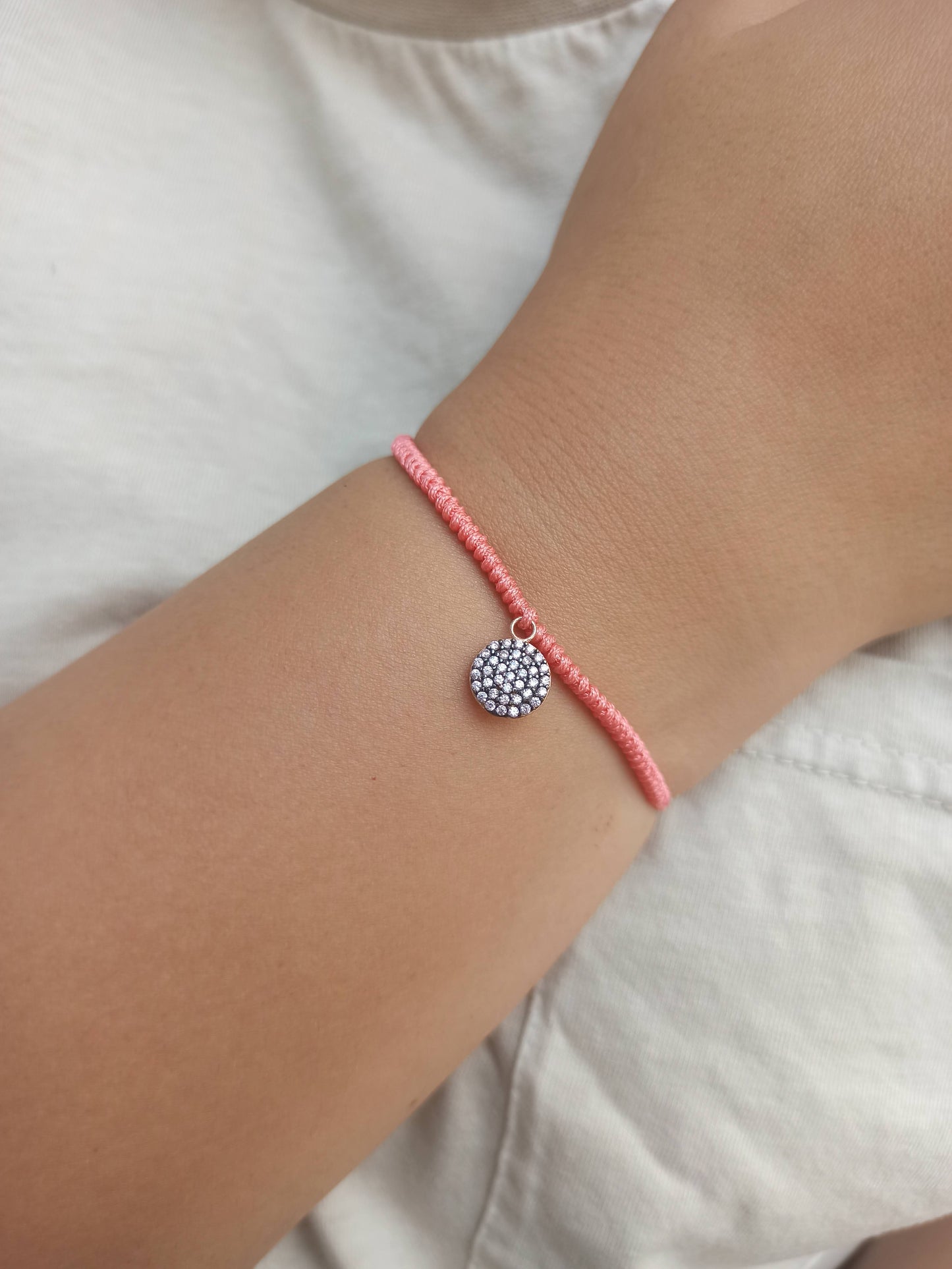 Pembe taşlı gümüş ip bileklik