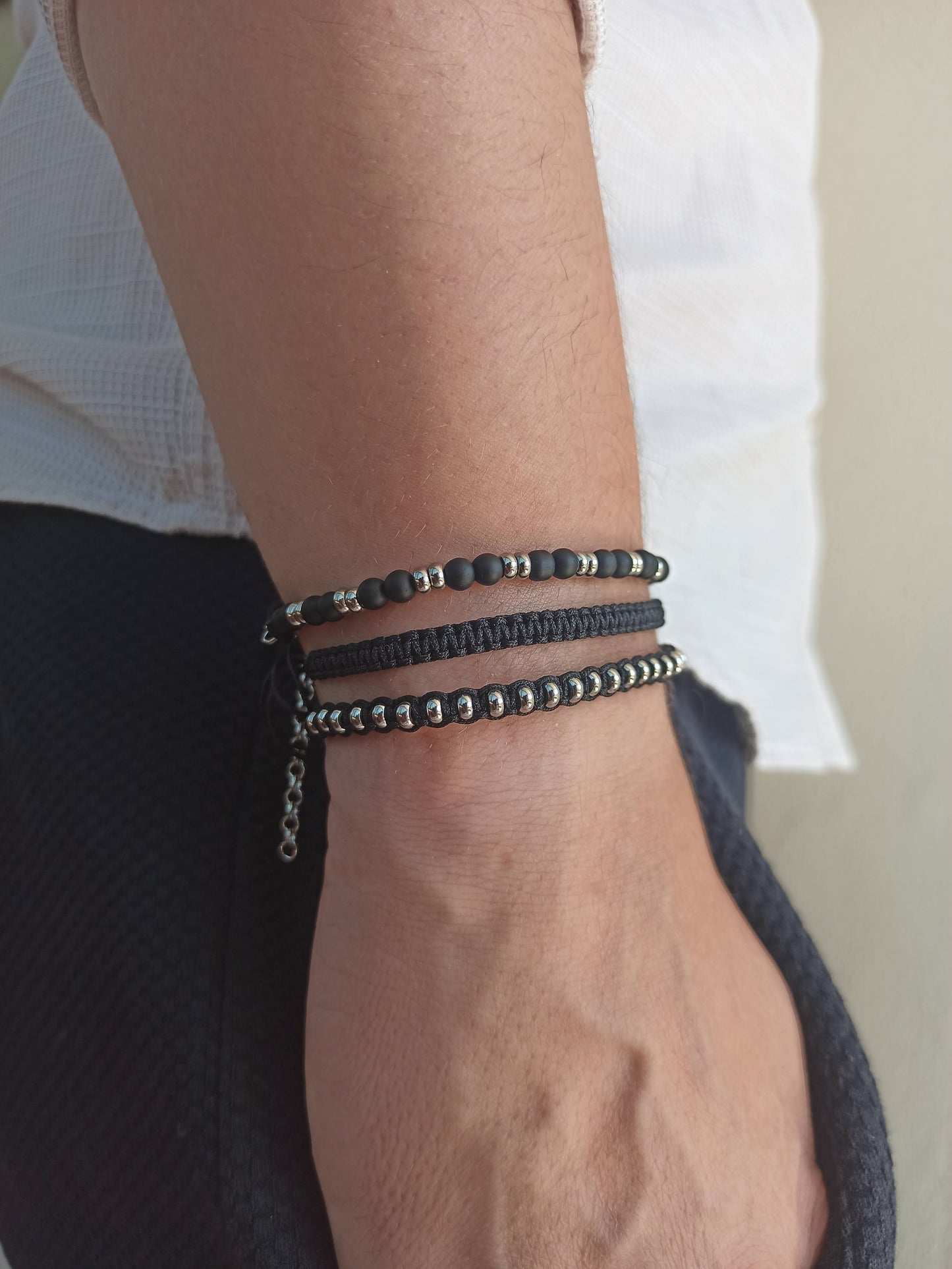 Çelik ve onyx erkek bileklik seti 3'lü