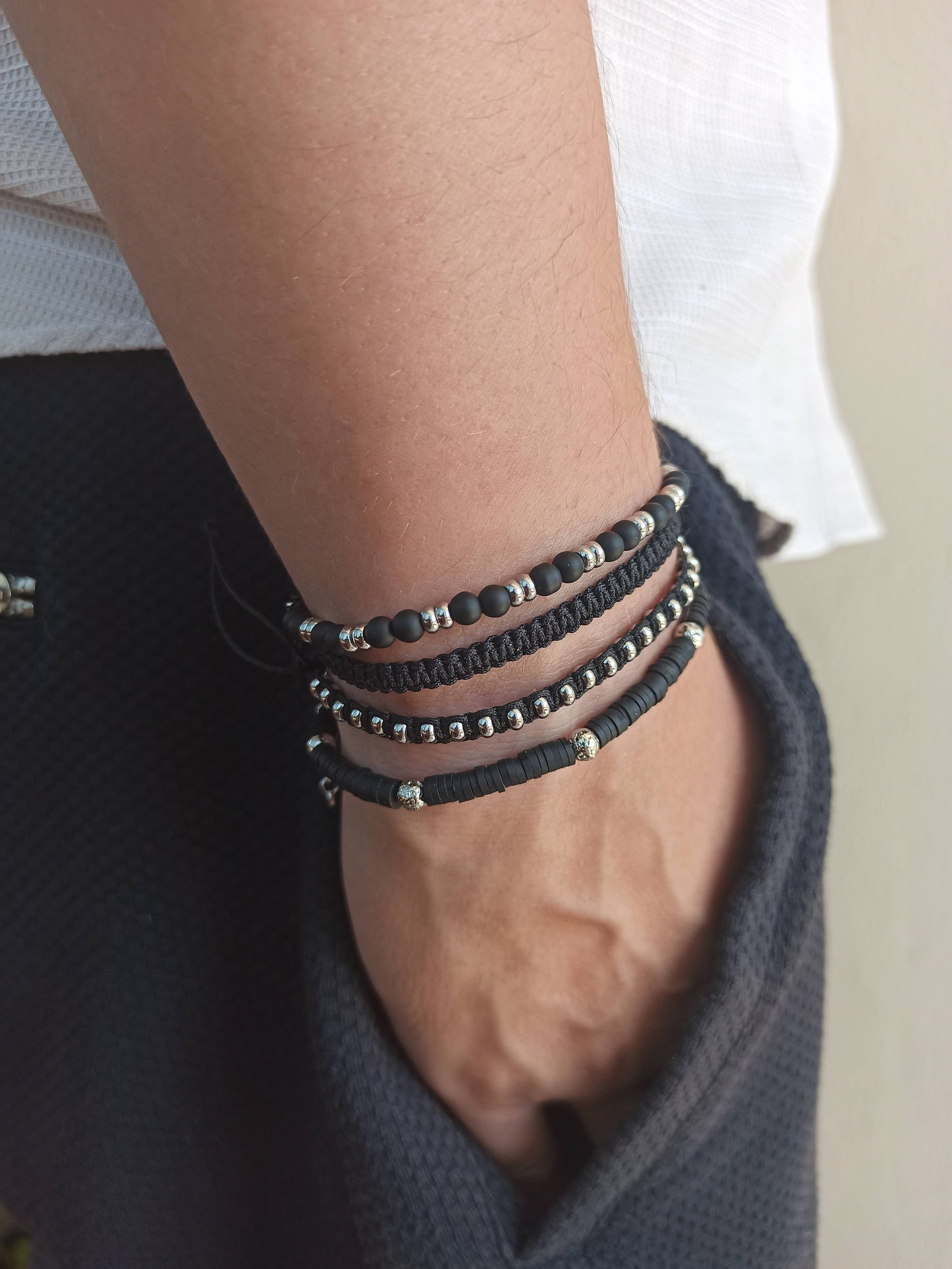 Kararmaz çelik ve siyah onyx erkek bilekliği seti 4'lü