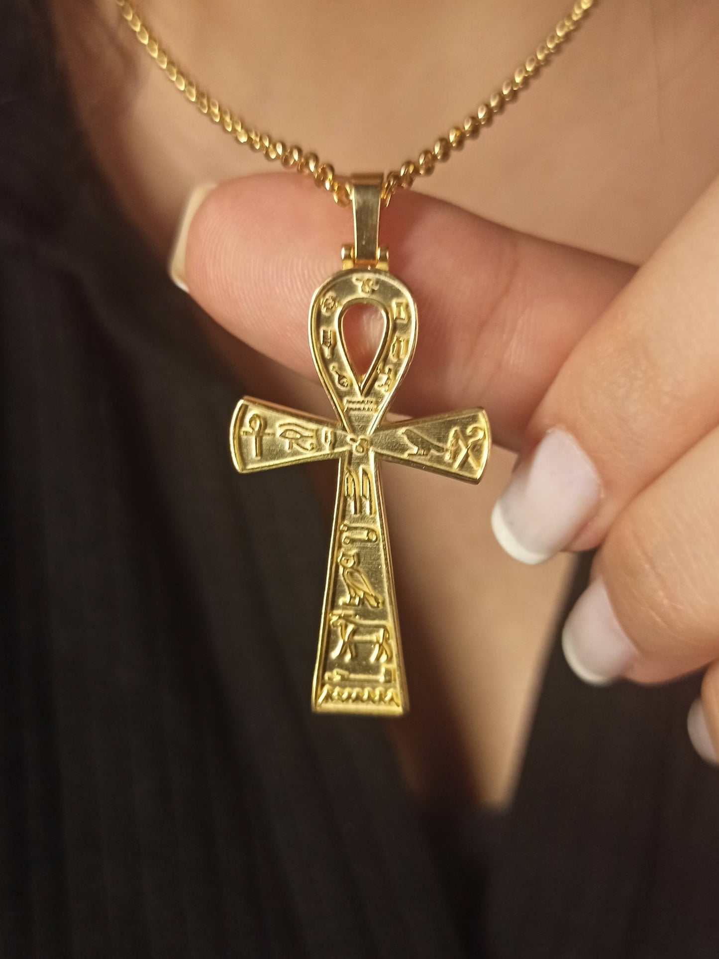 Hiyeroglif İşlemeli Gümüş Ankh Kolye