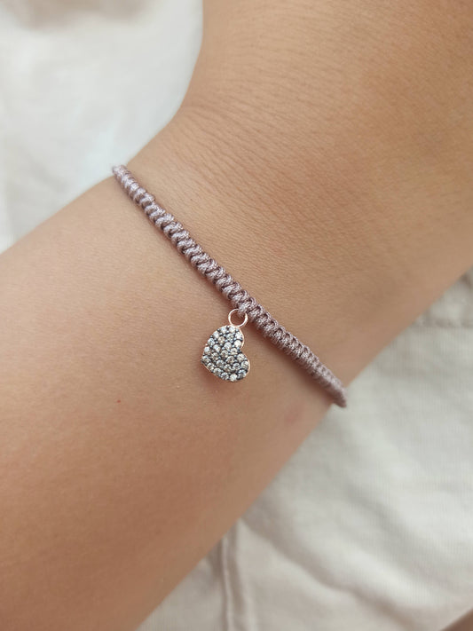 Şampanya taşlı gümüş kalp charm ipli bileklik
