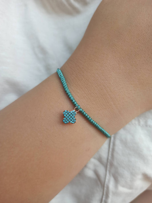 Yeşil taşlı gümüş 4 yapraklı yonca ip bileklik