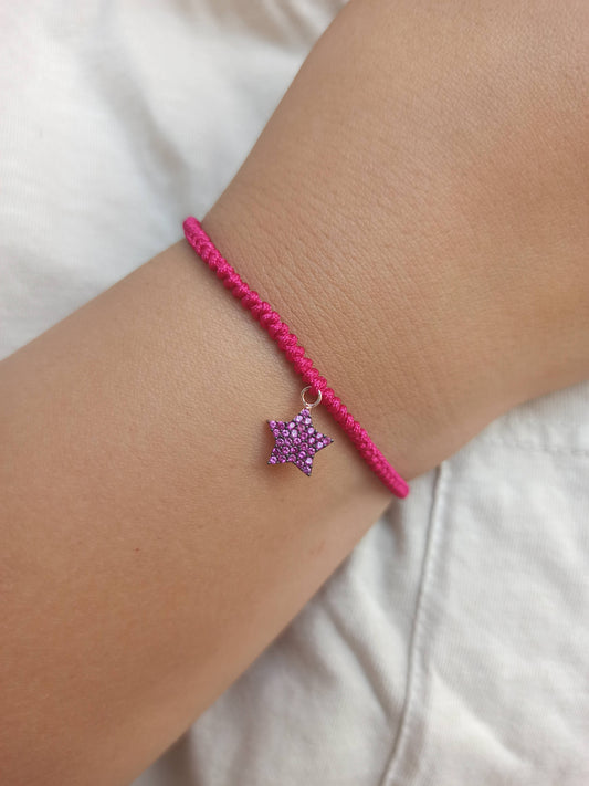 Pembe taşlı gümüş yıldız ipli bileklik