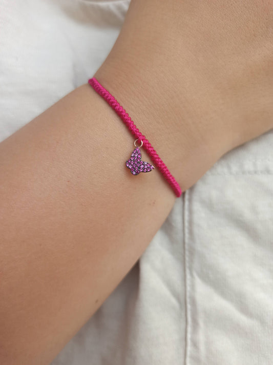 Pembe taşlı gümüş kelebek ipli bileklik