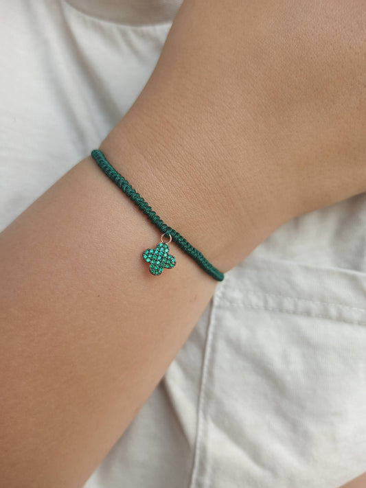 Yeşil taşlı gümüş 4 yapraklı yonca ipli bileklik