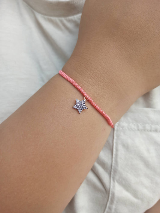 Pembe taşlı gümüş yıldız ipli bileklik