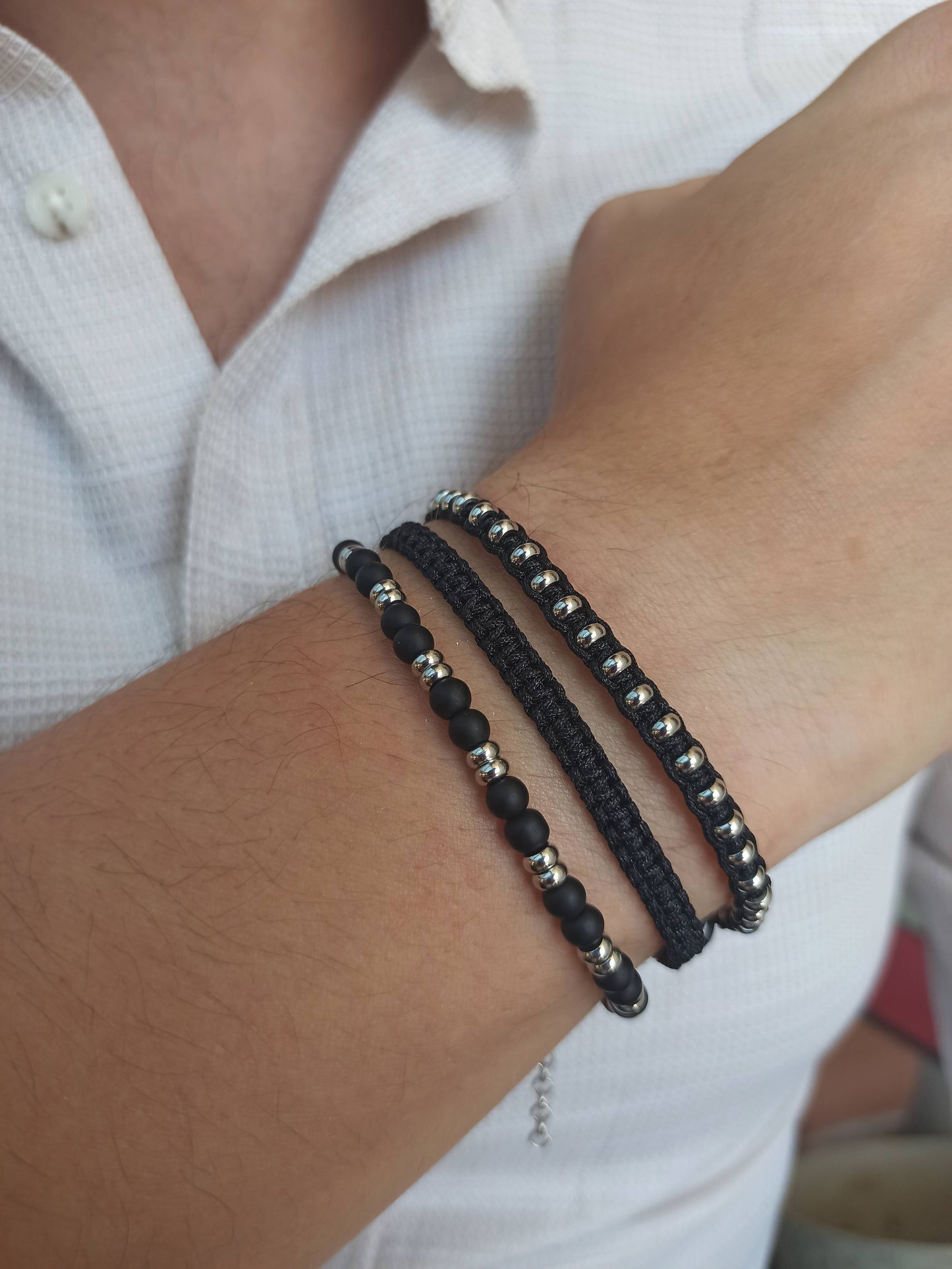 Çelik ve onyx erkek bileklik seti 3'lü