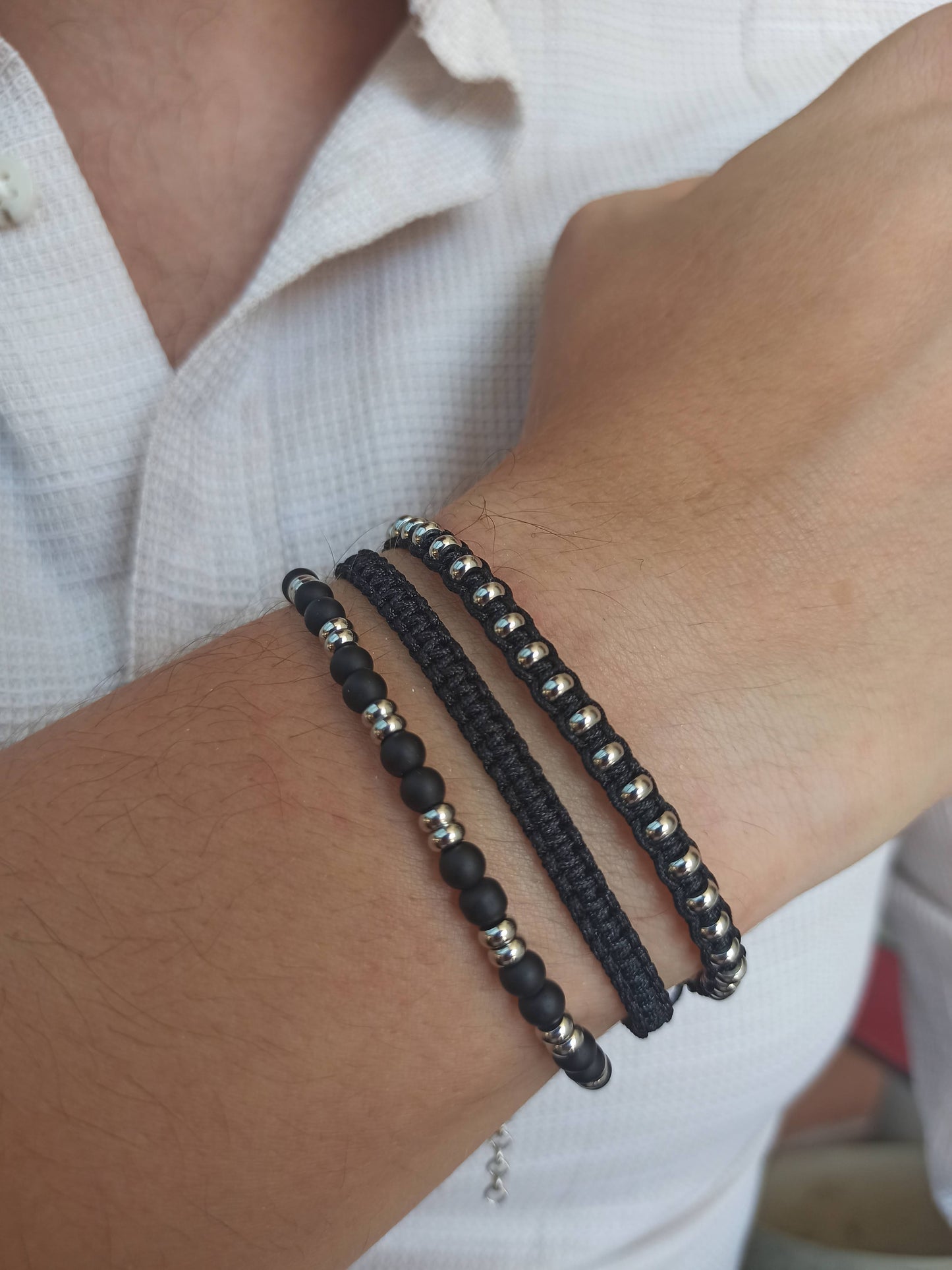 Çelik ve onyx erkek bileklik seti 3'lü