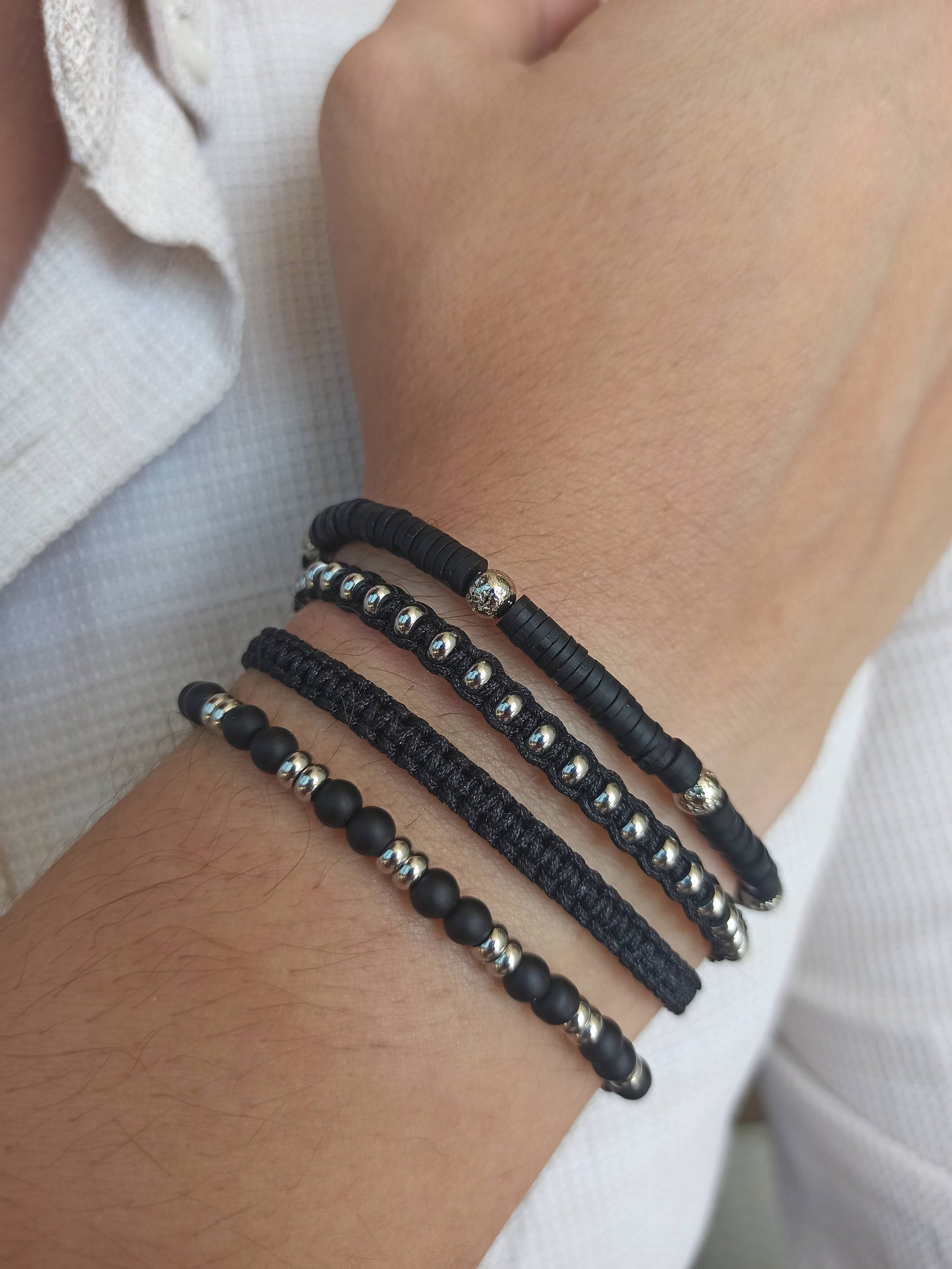 Kararmaz çelik ve siyah onyx erkek bilekliği seti 4'lü