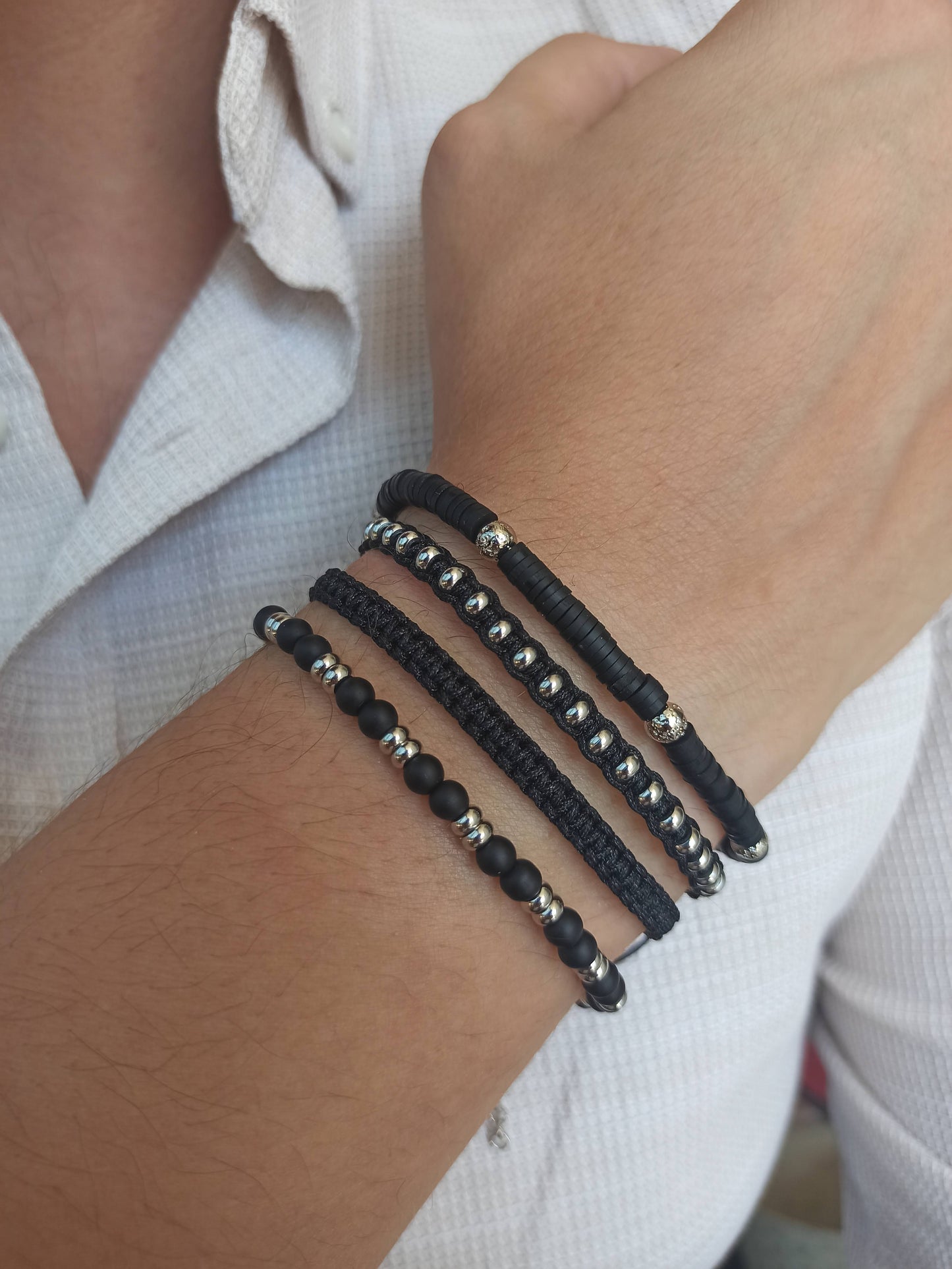 Kararmaz çelik ve siyah onyx erkek bilekliği seti 4'lü