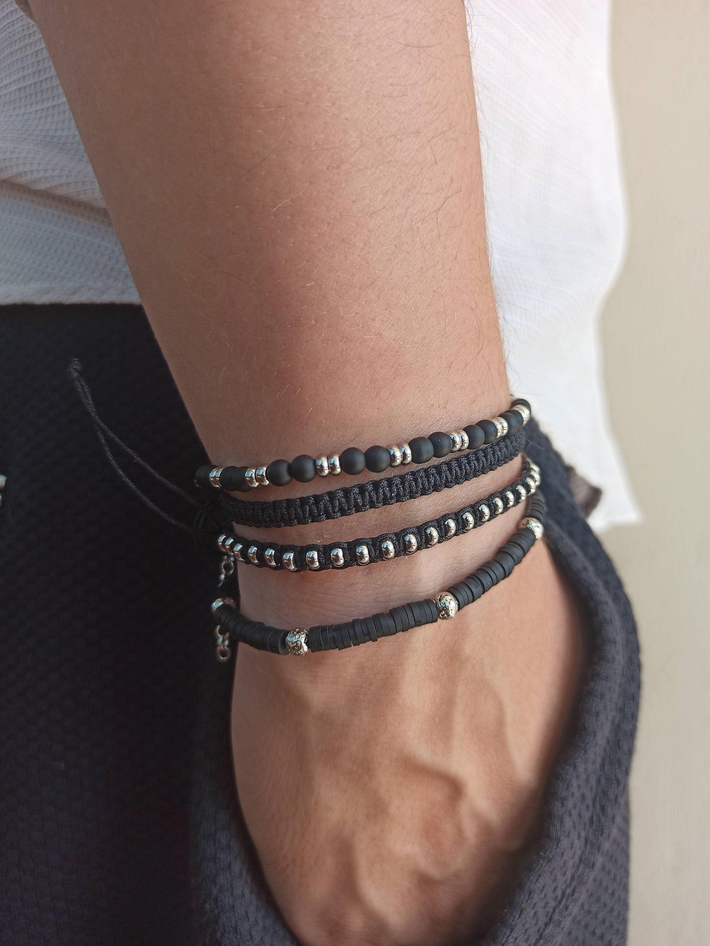 Kararmaz çelik ve siyah onyx erkek bilekliği seti 4'lü