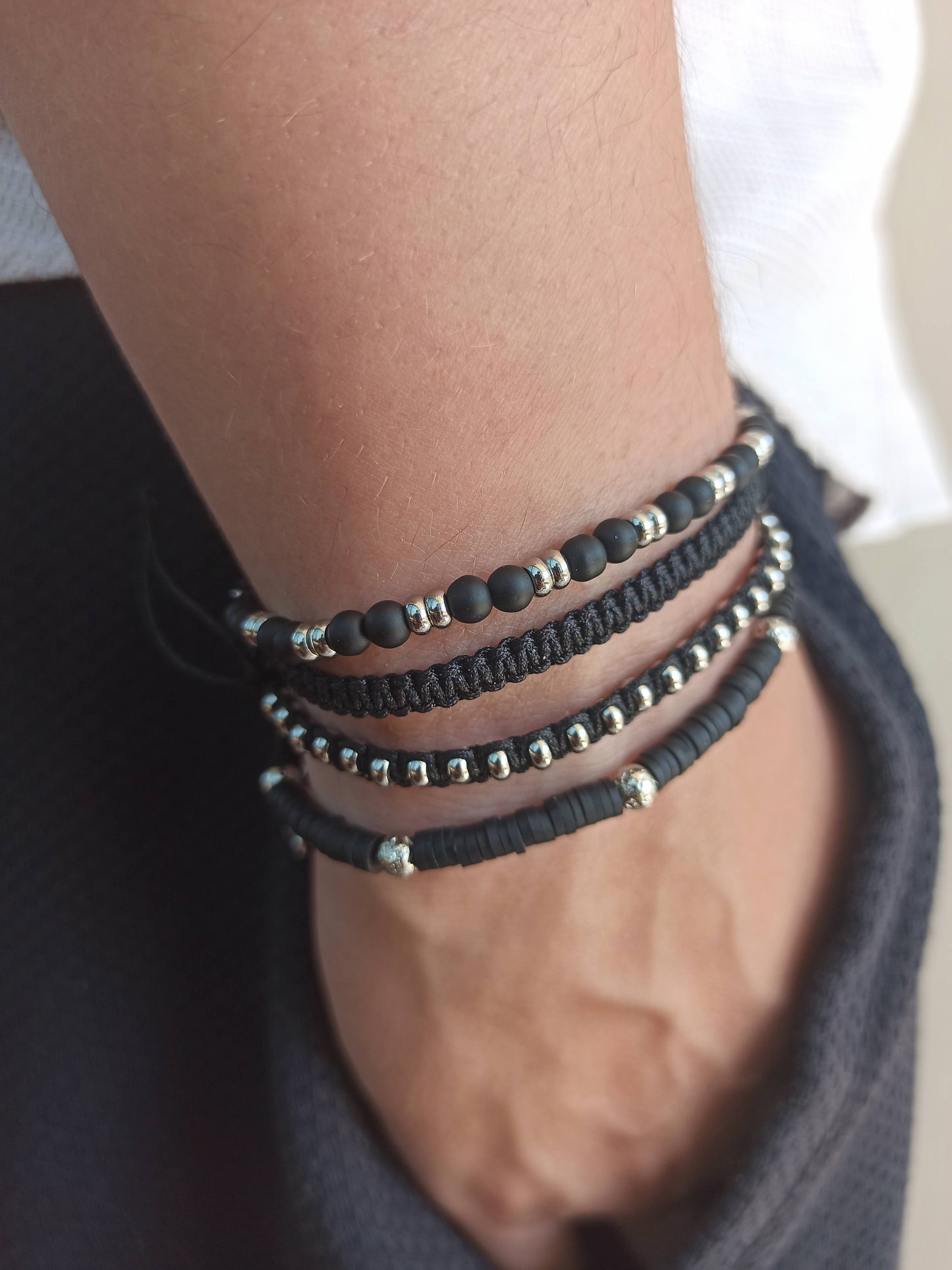 Kararmaz çelik ve siyah onyx erkek bilekliği seti 4'lü