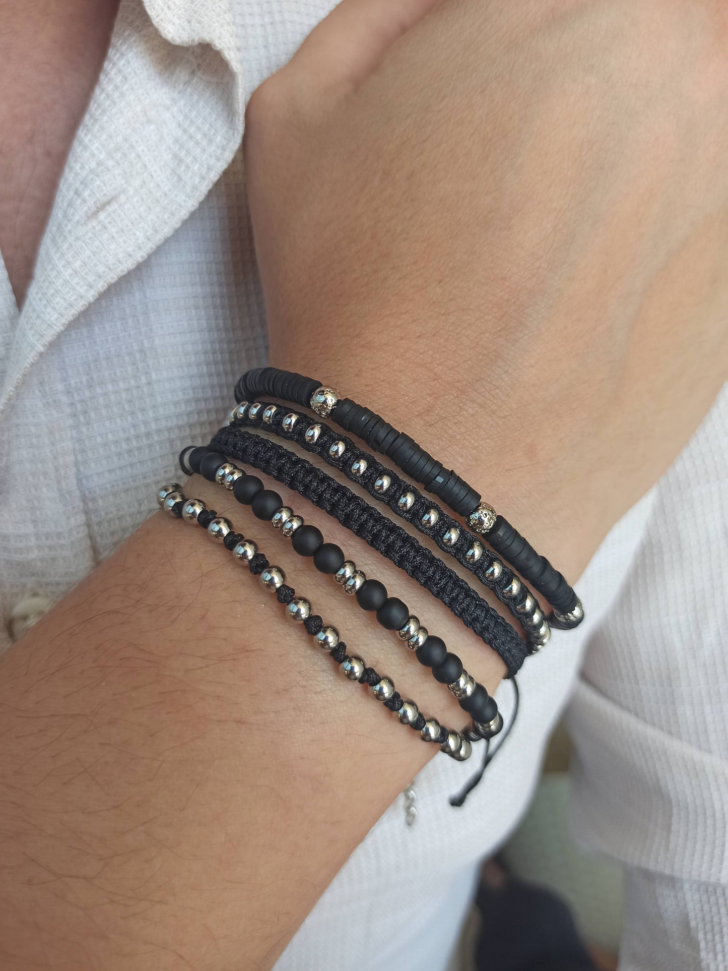 Kararmaz çelik ve onyx taşlı erkek bileklik seti 5'li