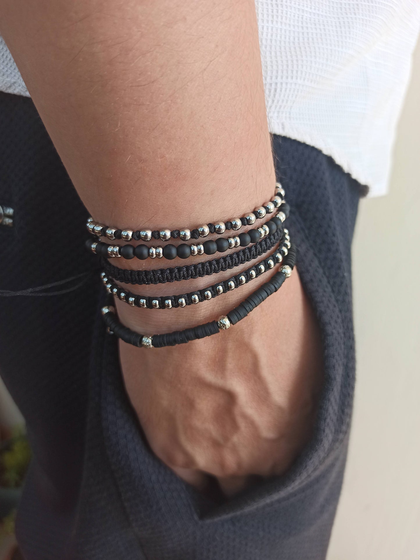 Kararmaz çelik ve onyx taşlı erkek bileklik seti 5'li