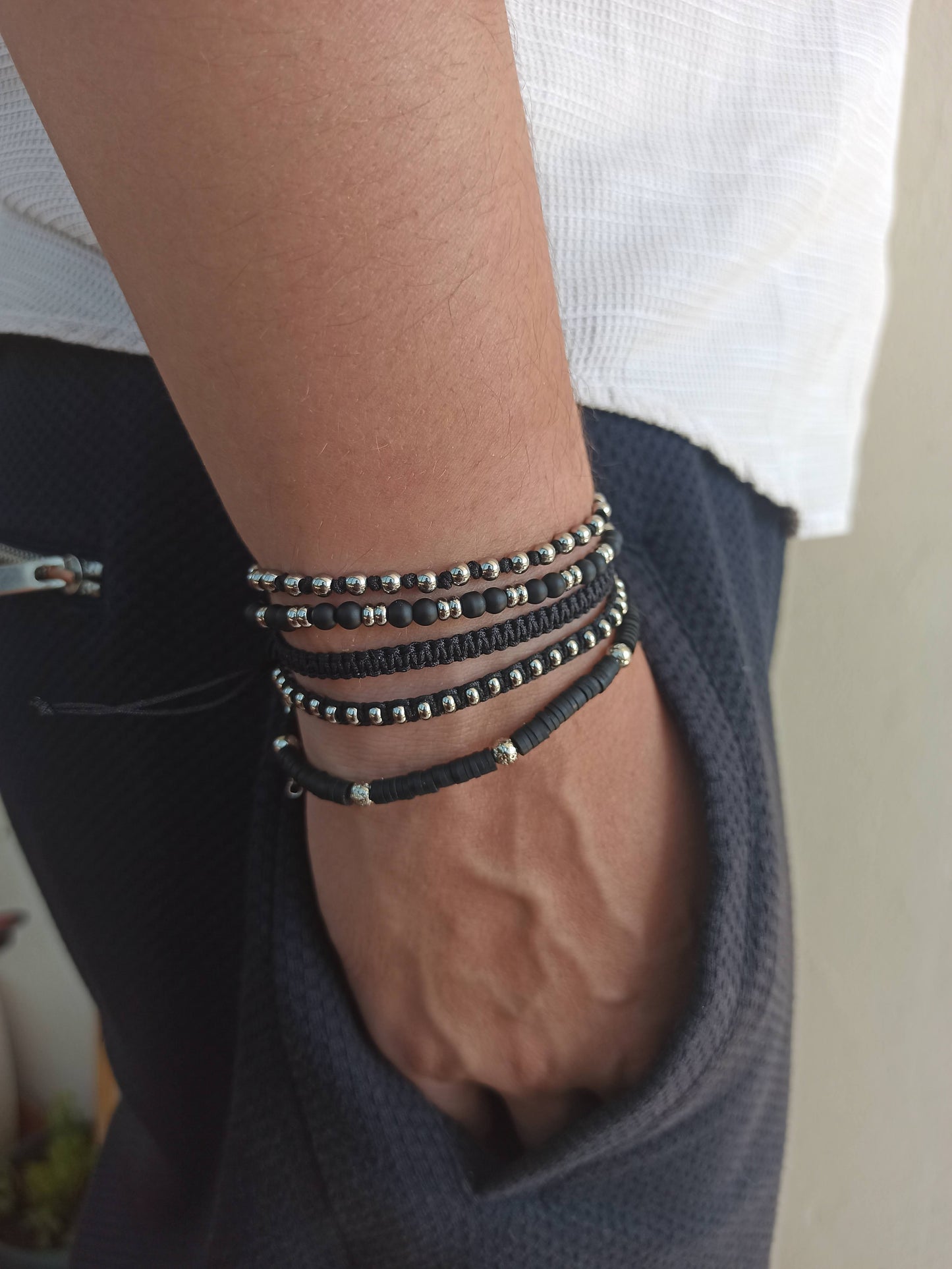 Kararmaz çelik ve onyx taşlı erkek bileklik seti 5'li