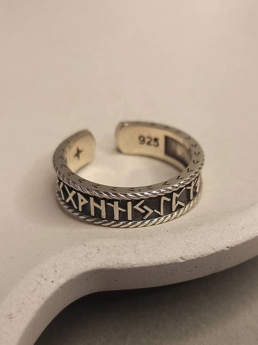 Gümüş Run Alfabesi Yüzük |  Viking Sembollü Ayarlanabilir