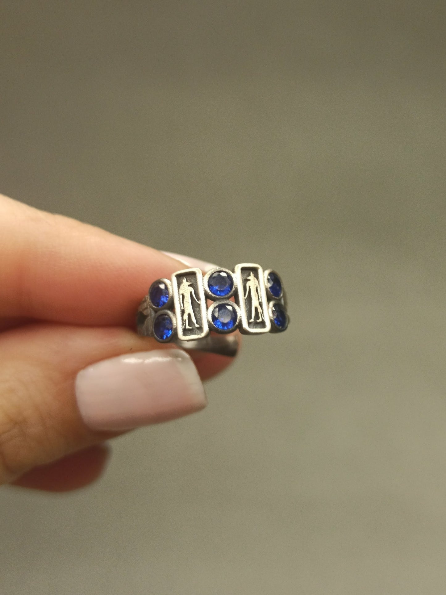 Anubis Figürlü Zirkon Taşlı Ayarlanabilir Yüzük - 925 Gümüş