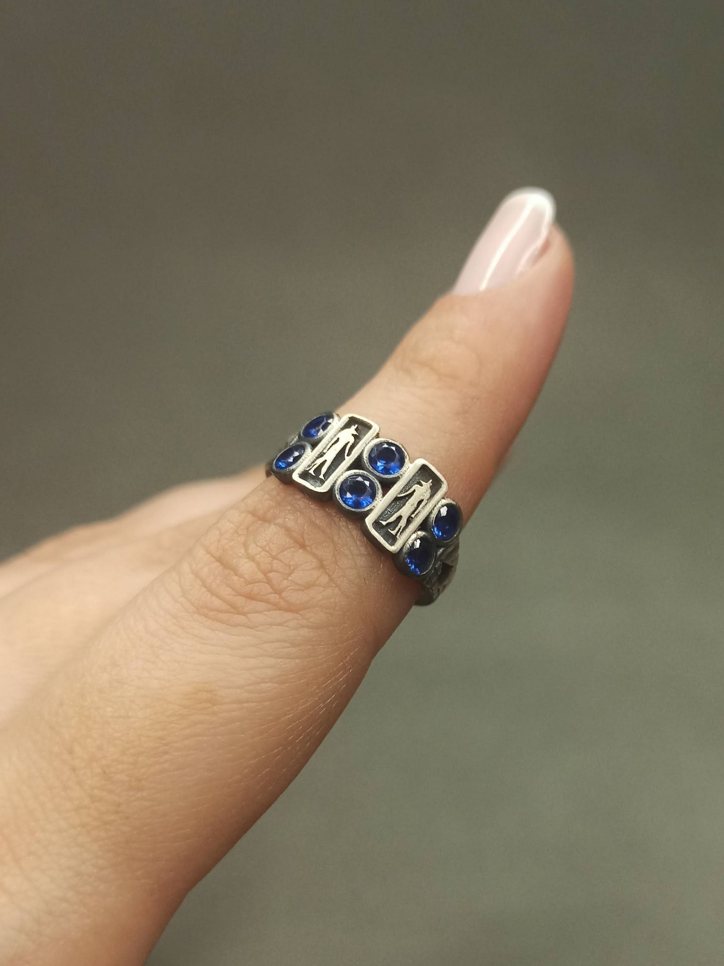 Anubis Figürlü Zirkon Taşlı Ayarlanabilir Yüzük - 925 Gümüş