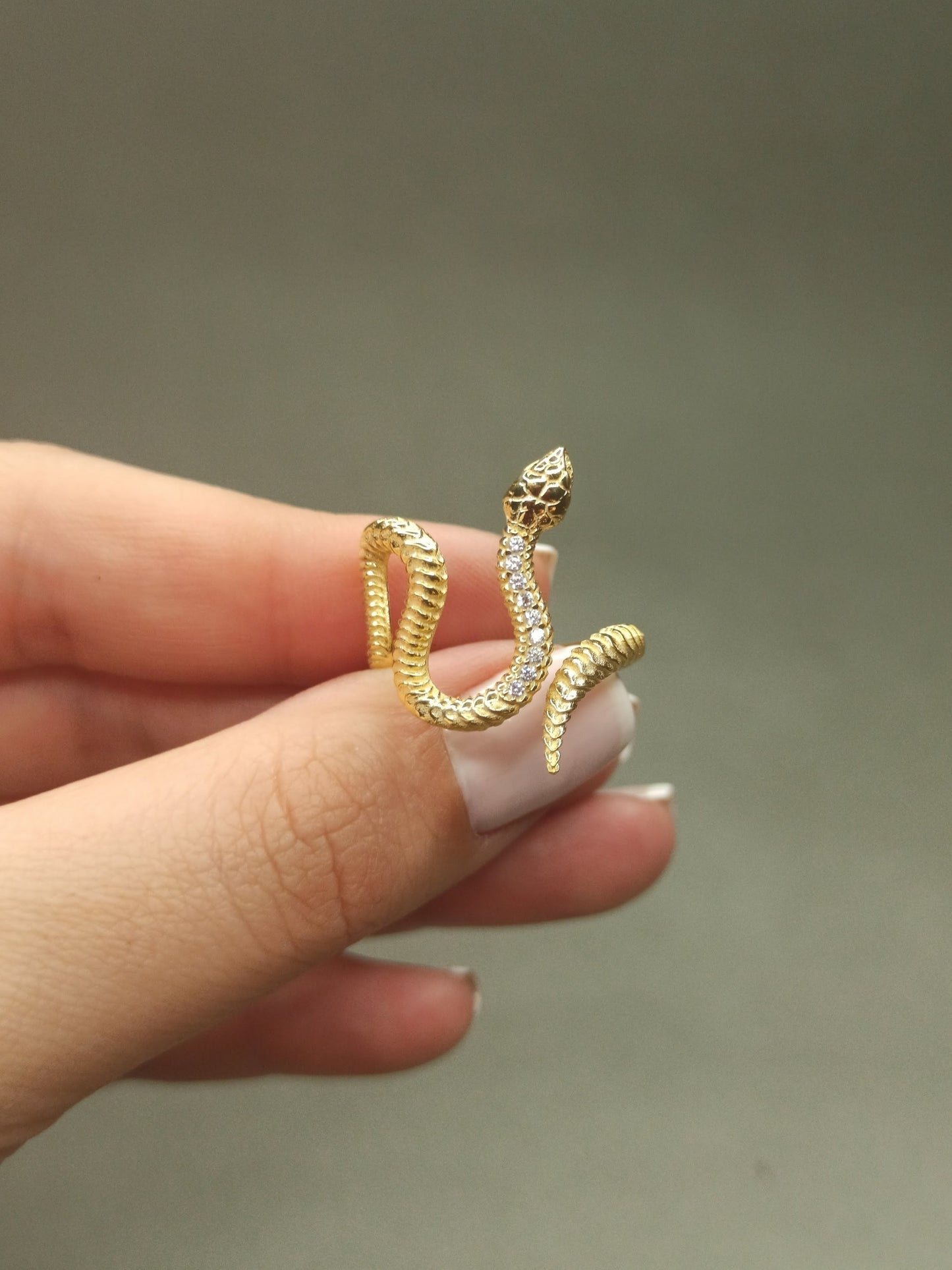 Zirkon Taşlı S-Form Yılan Yüzük, Ayarlanabilir