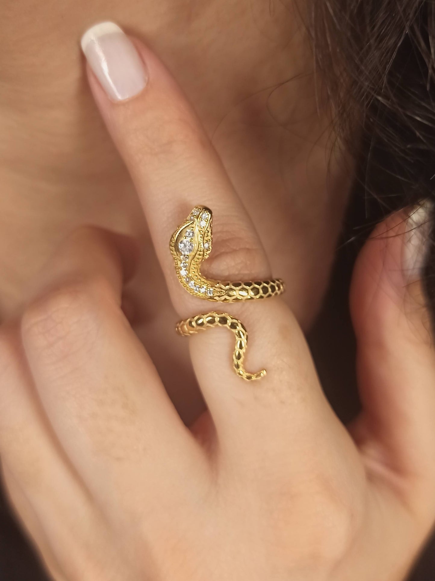 Zirkon Taşlı Gümüş Yılan Yüzük, Ayarlanabilir