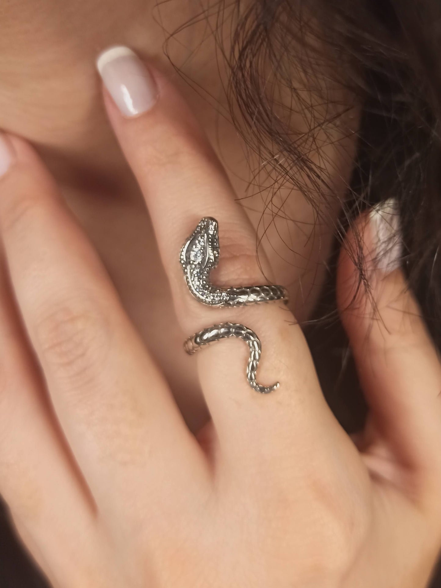 Zirkon Taşlı Gümüş Yılan Yüzük, Ayarlanabilir