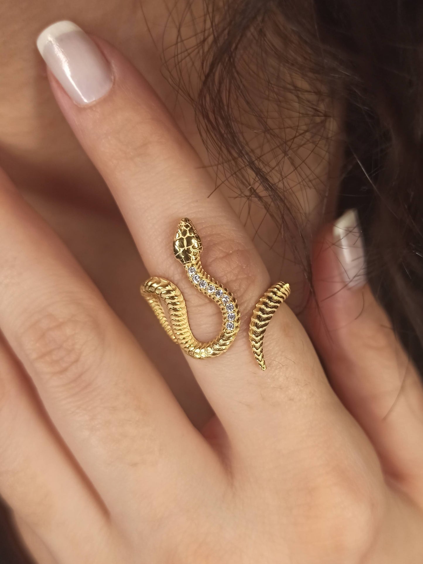 Zirkon Taşlı S-Form Yılan Yüzük, Ayarlanabilir