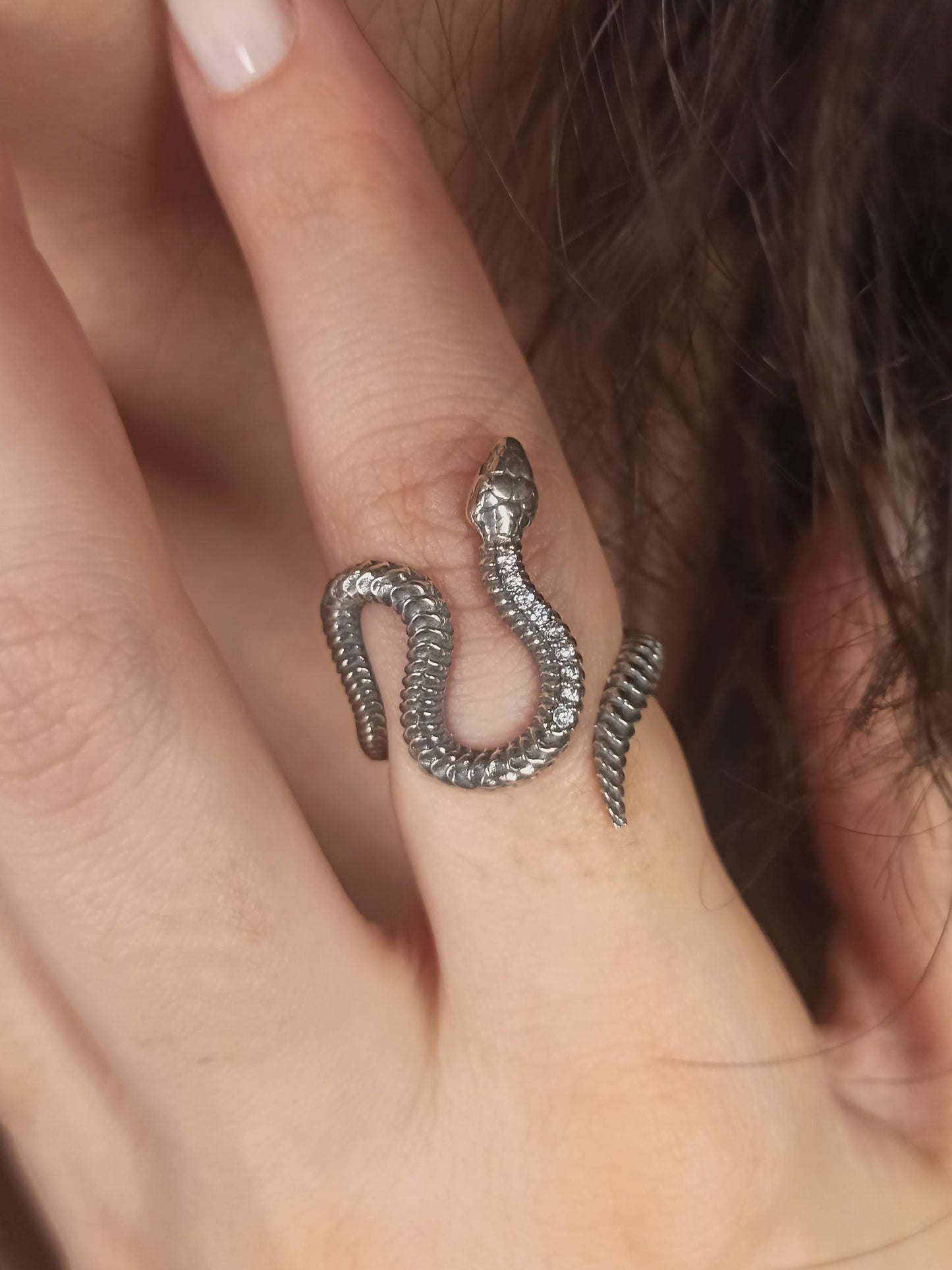 Zirkon Taşlı S-Form Yılan Yüzük, Ayarlanabilir