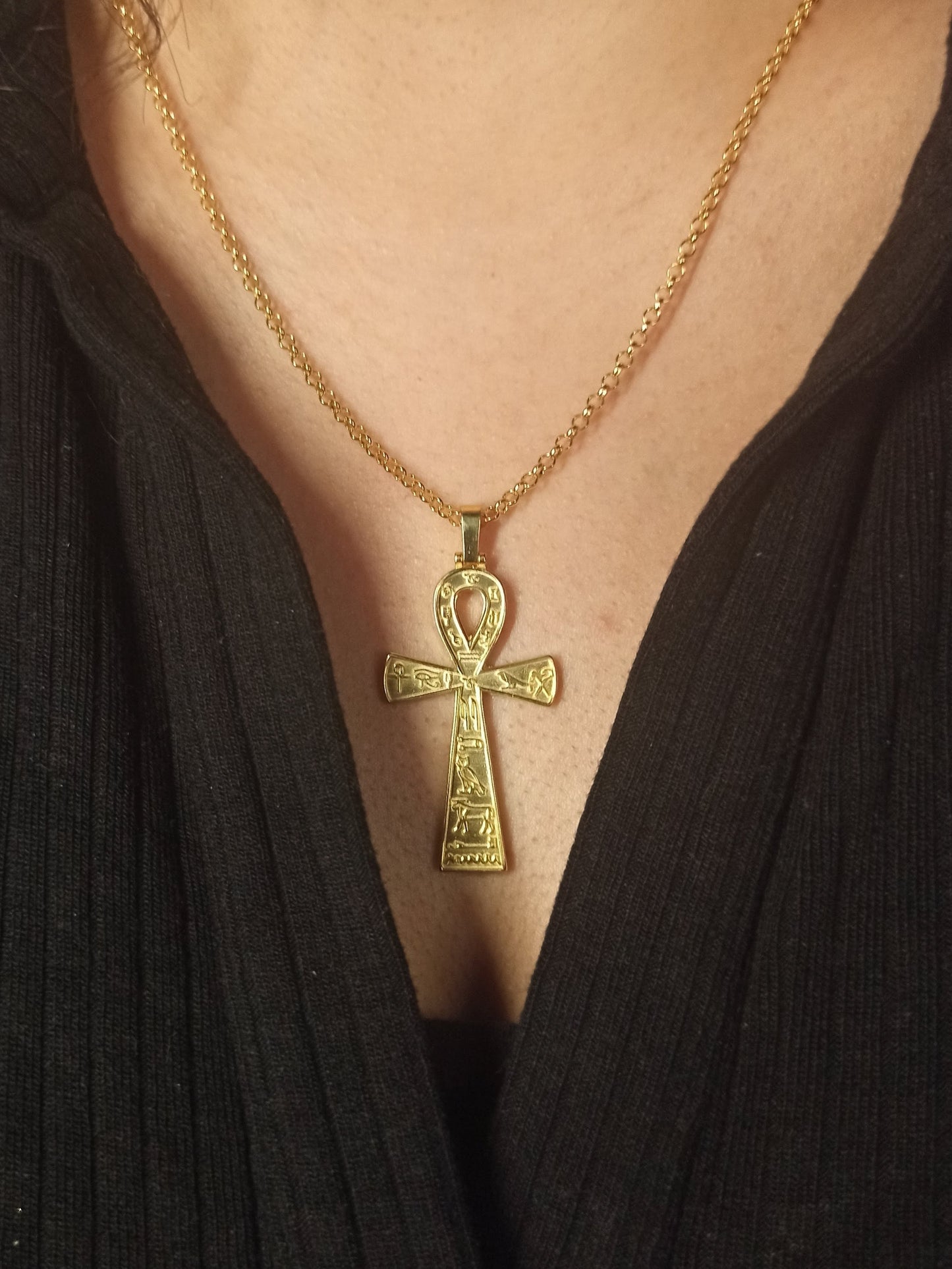 Hiyeroglif İşlemeli Gümüş Ankh Kolye