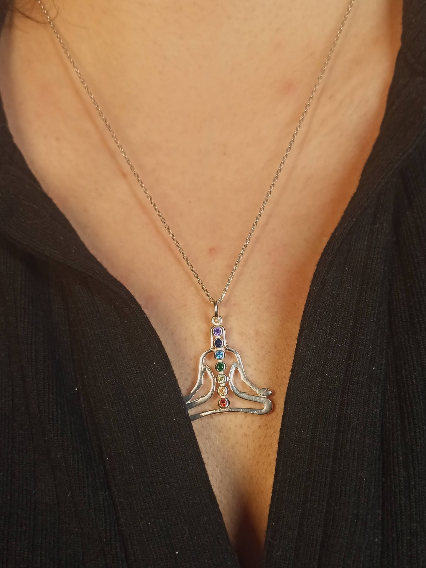 7 Çakra Taşlı Gümüş Lotus Yogi Kolye