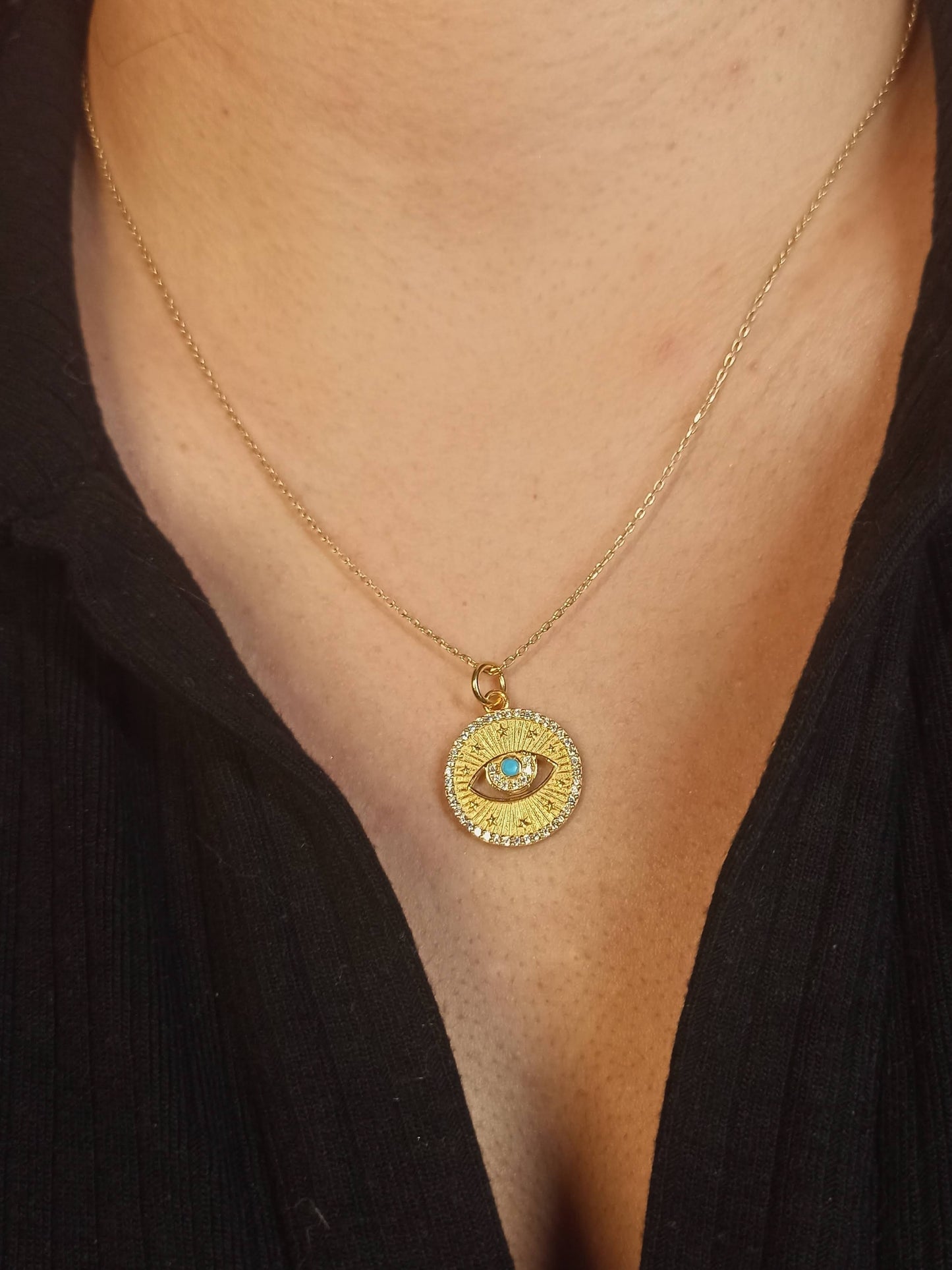 Turkuaz Taşlı Göz Madalyon Kolye