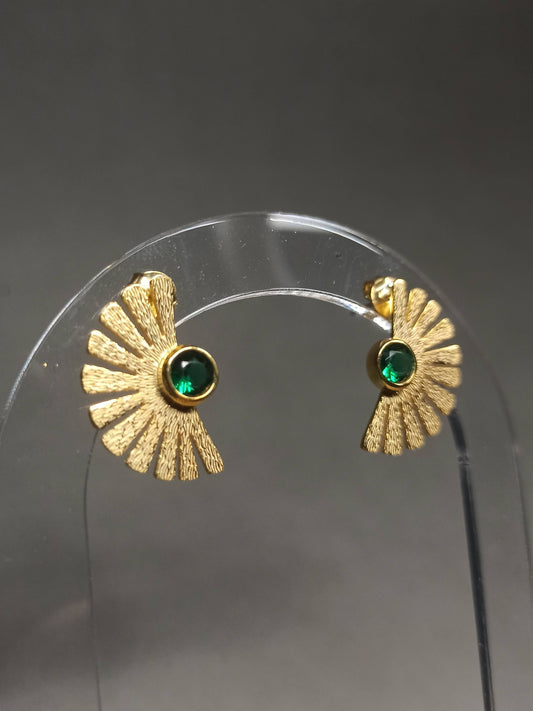 Yeşil Taşlı Gümüş Yelpaze Küpe