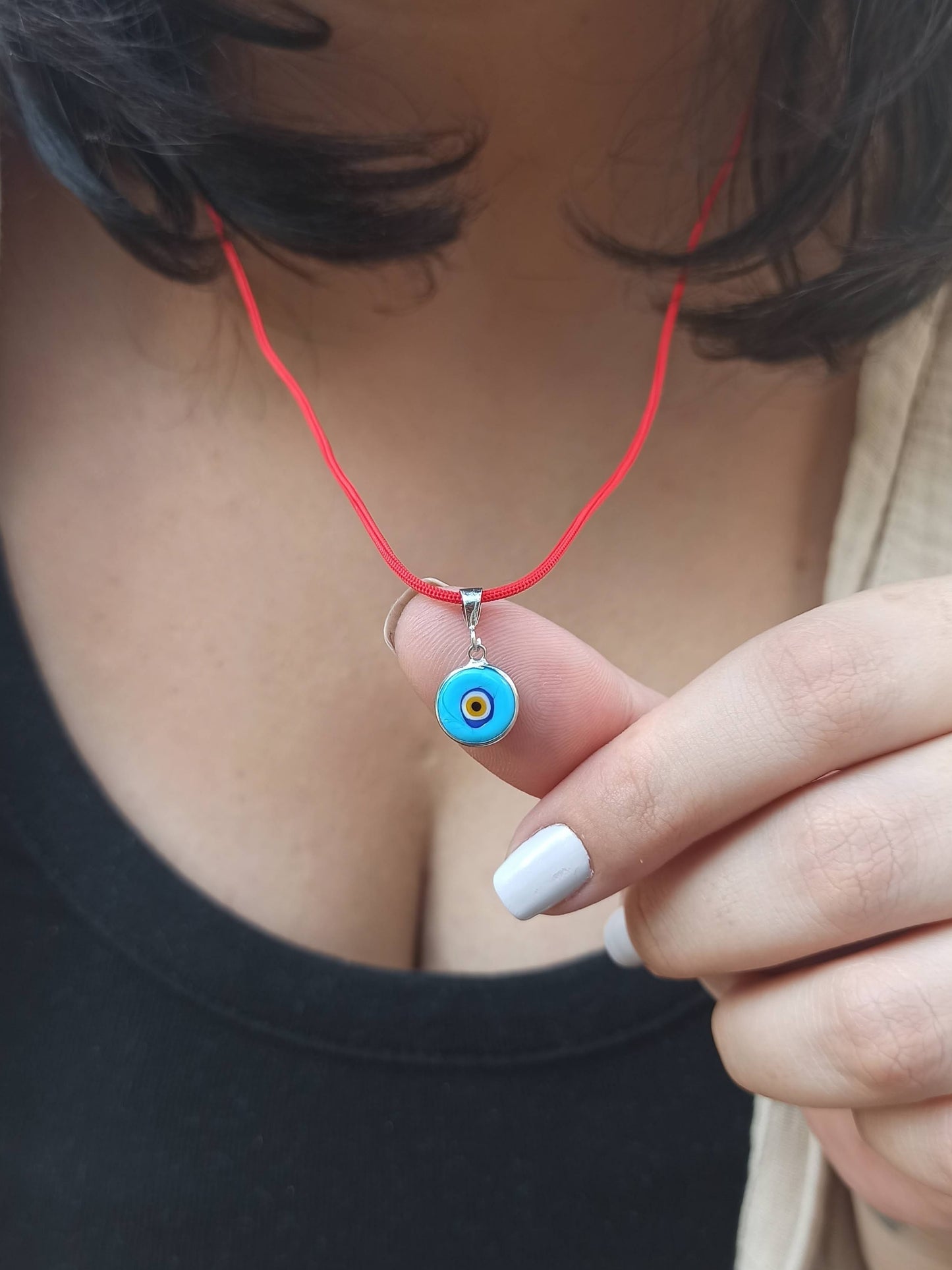 Kırmızı İpli Turkuaz Gümüş Nazar Boncuğu Kolye