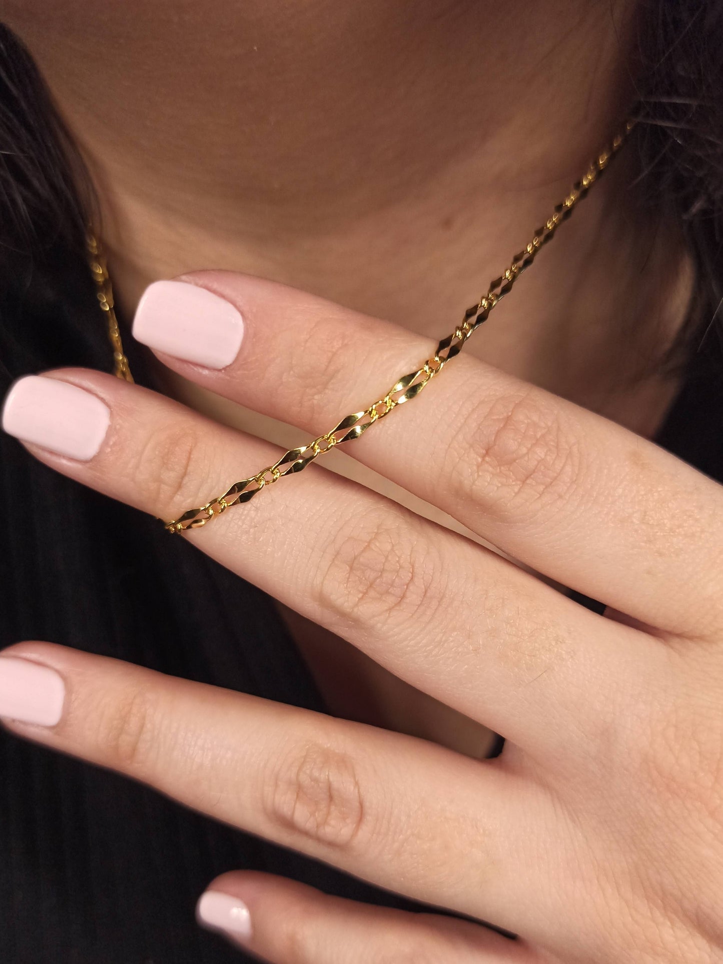 Çift Sıralı Gümüş Aynalı Zincir Kolye, Altın Kaplamalı