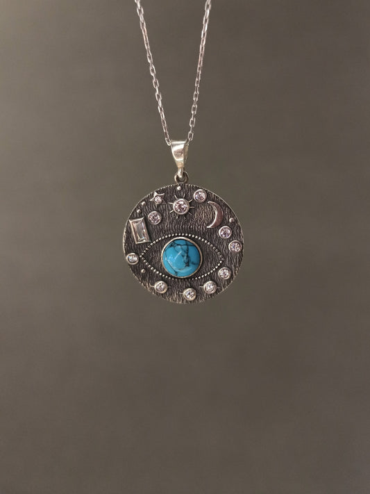Doğal Turkuaz Taşlı Göz Kolye, Gümüş Galaksi Kolye