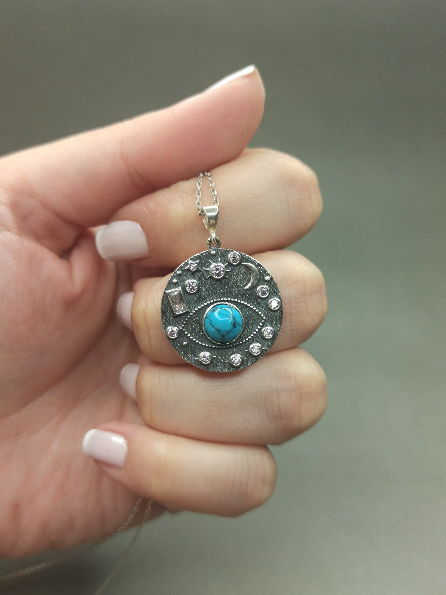 Doğal Turkuaz Taşlı Göz Kolye, Gümüş Galaksi Kolye