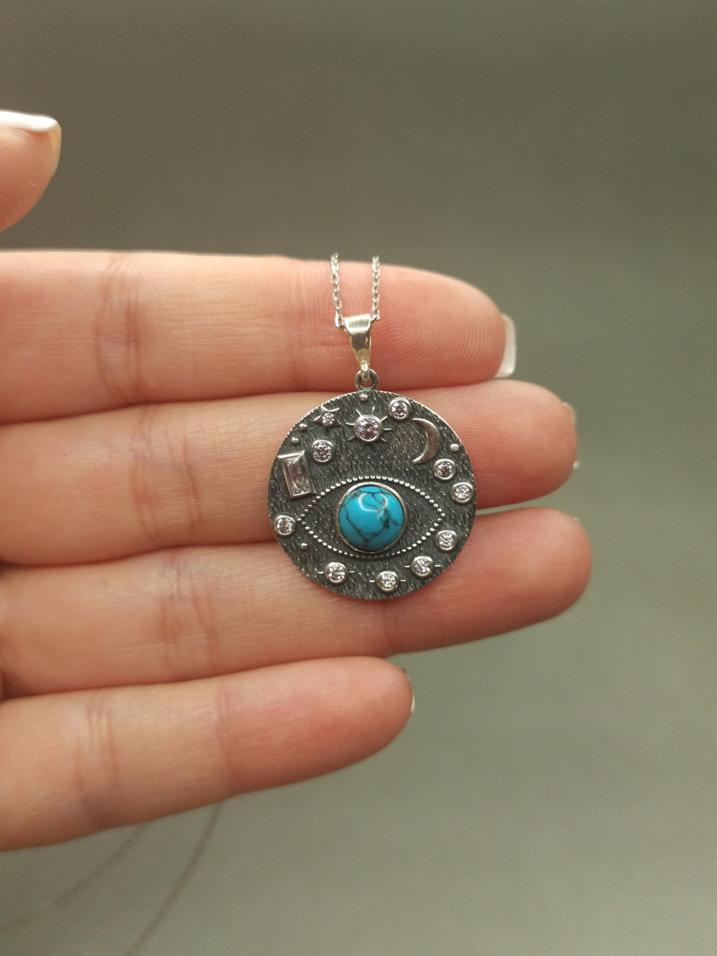 Doğal Turkuaz Taşlı Göz Kolye, Gümüş Galaksi Kolye