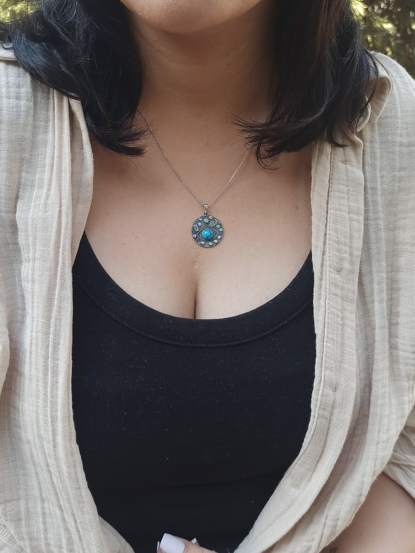 Doğal Turkuaz Taşlı Göz Kolye, Gümüş Galaksi Kolye