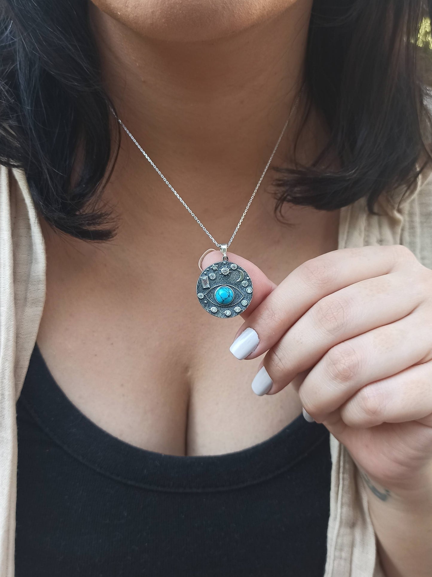 Doğal Turkuaz Taşlı Göz Kolye, Gümüş Galaksi Kolye