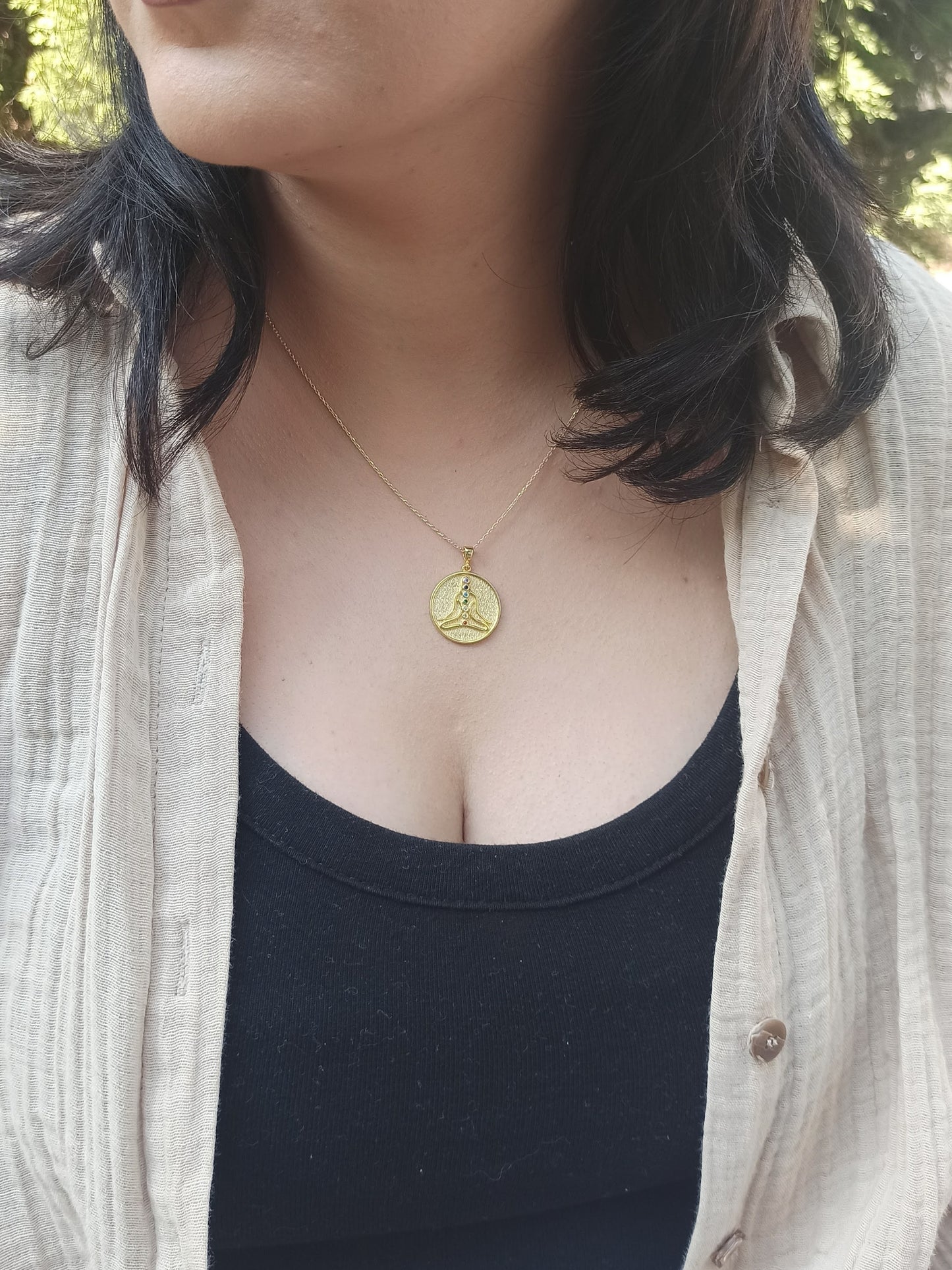 7 Çakra Taşlı Yogi Kolye , Altın Kaplamalı Gümüş