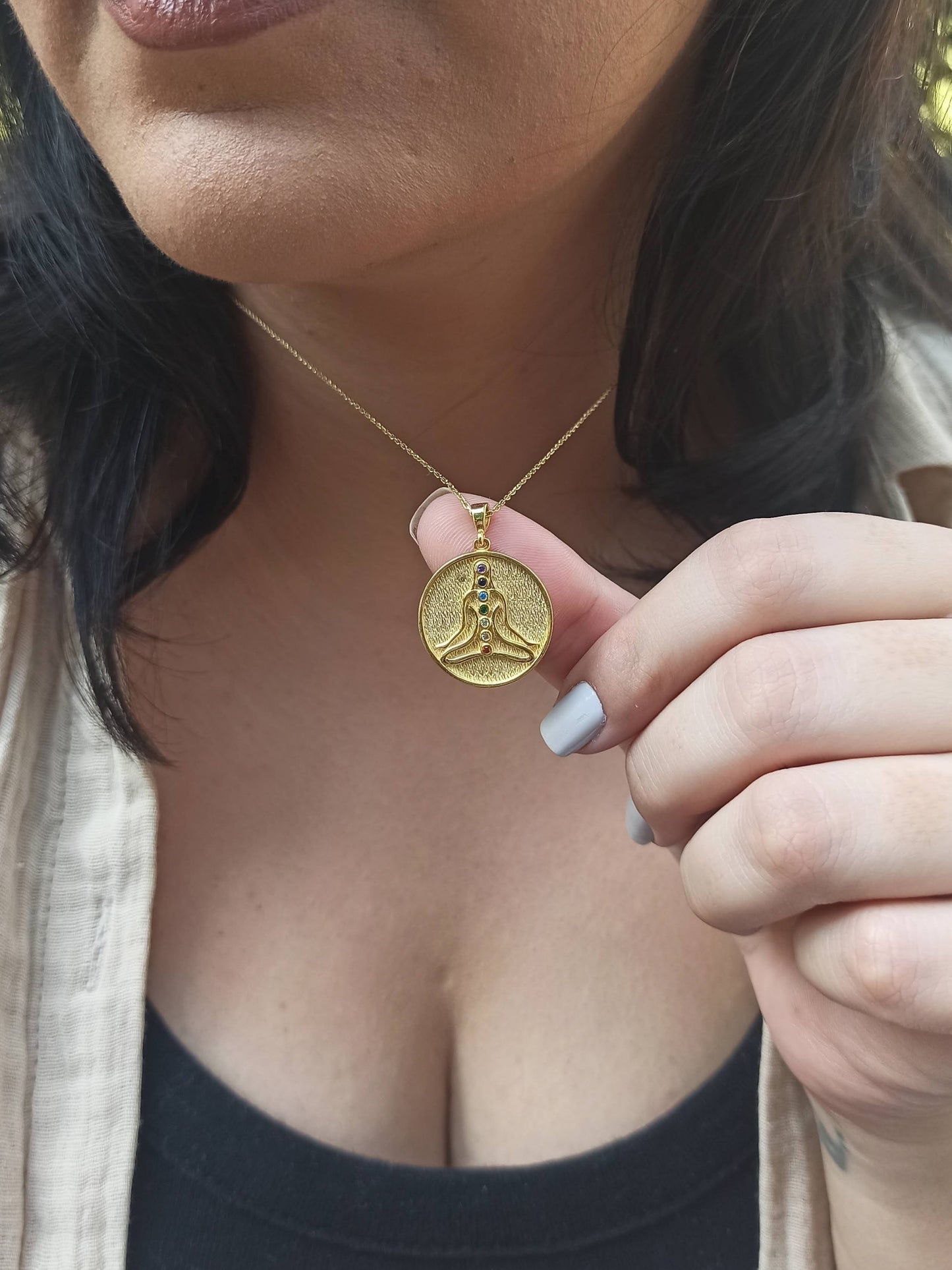 7 Çakra Taşlı Yogi Kolye , Altın Kaplamalı Gümüş