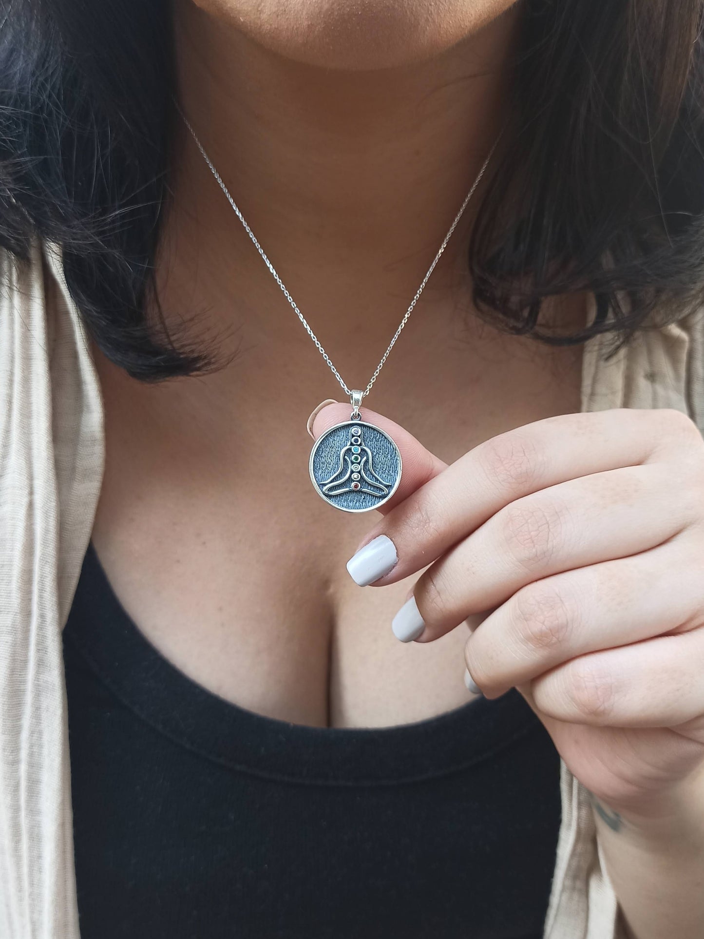 7 Çakra Taşlı Yogi Kolye , Gümüş