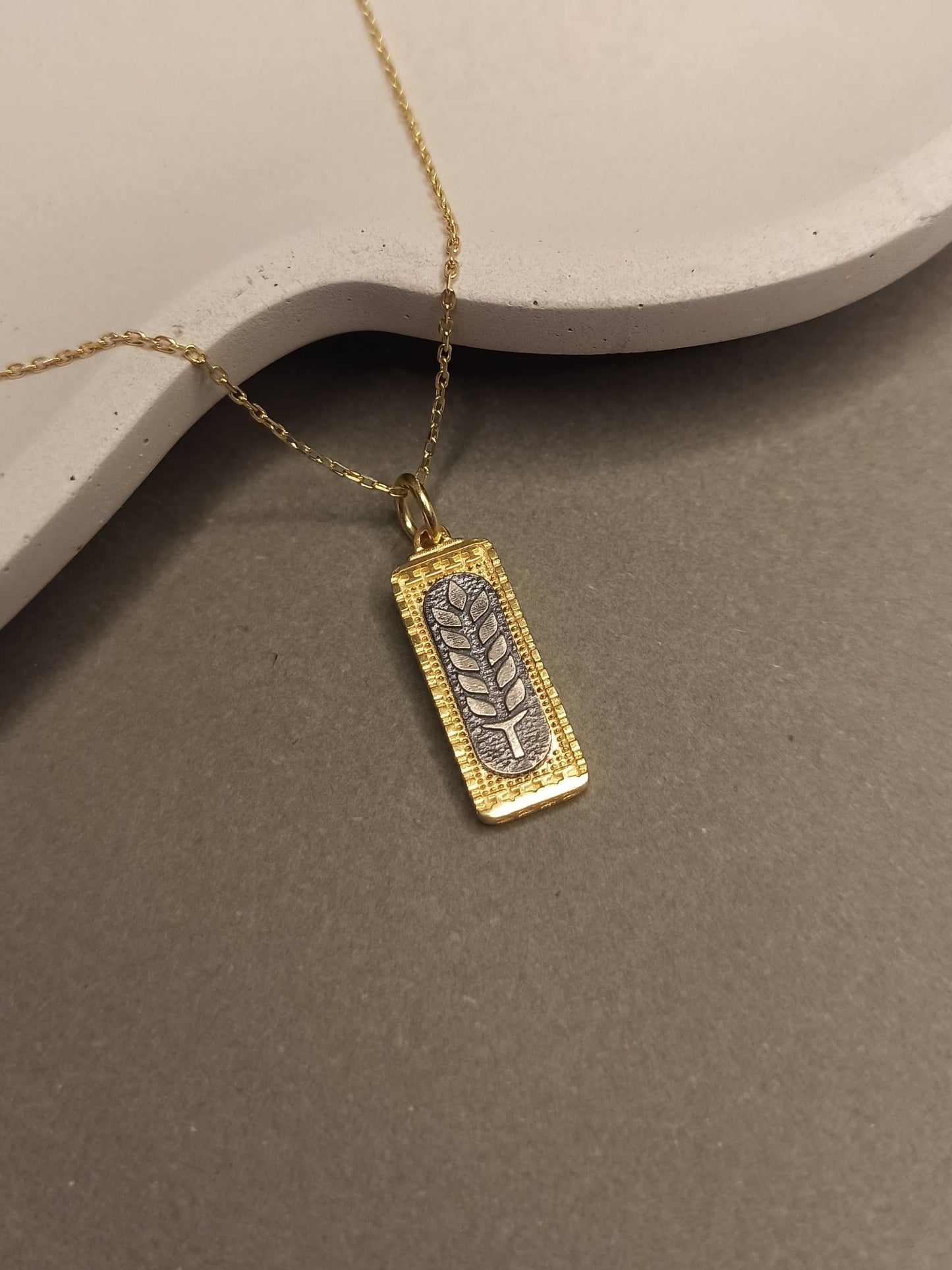 Buğday Başağı Madalyon Kolye | Altın Kaplama Gümüş Bereket Tılsımı