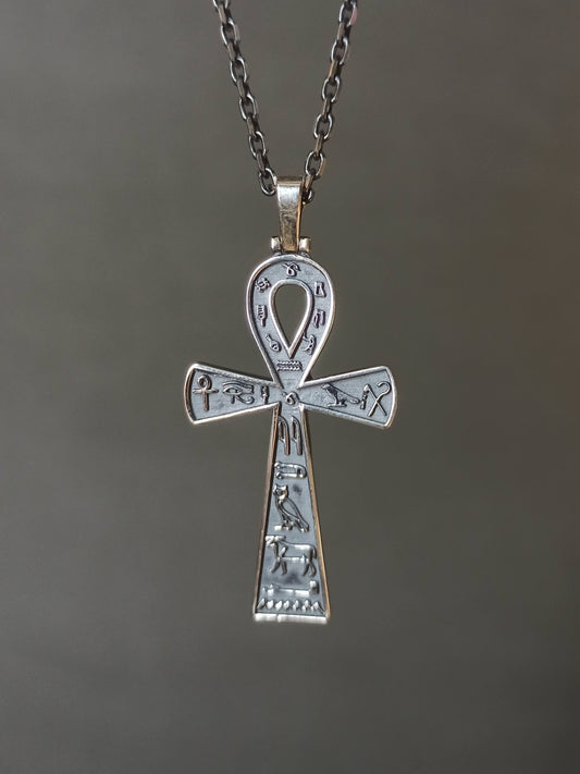 Hiyeroglif İşlemeli Gümüş Ankh Kolye