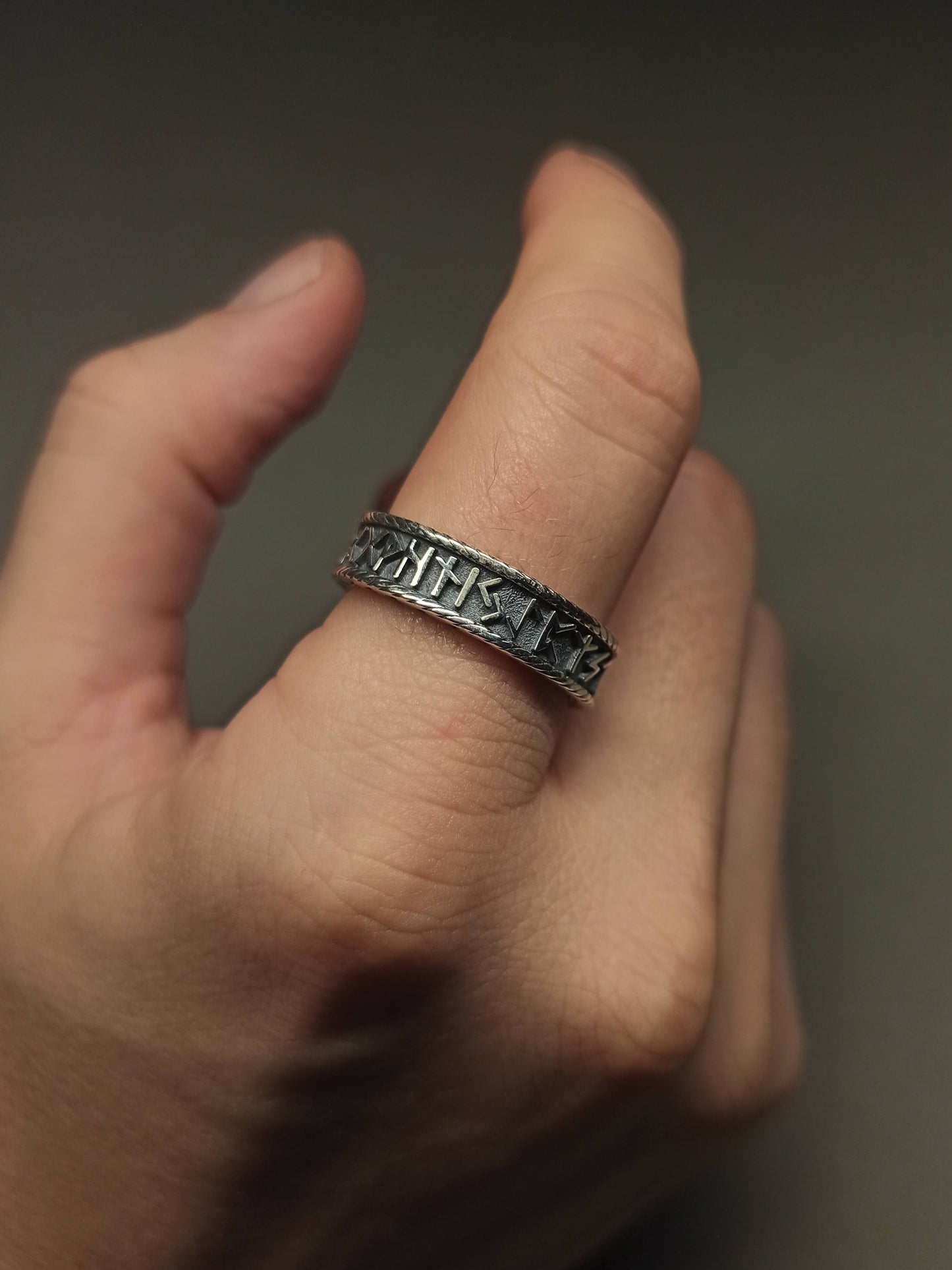 Gümüş Run Alfabesi Yüzük |  Viking Sembollü Ayarlanabilir
