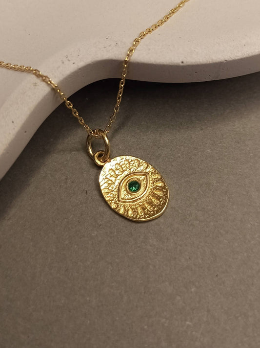 Yeşil Taşlı Antik Göz Madalyon Kolye