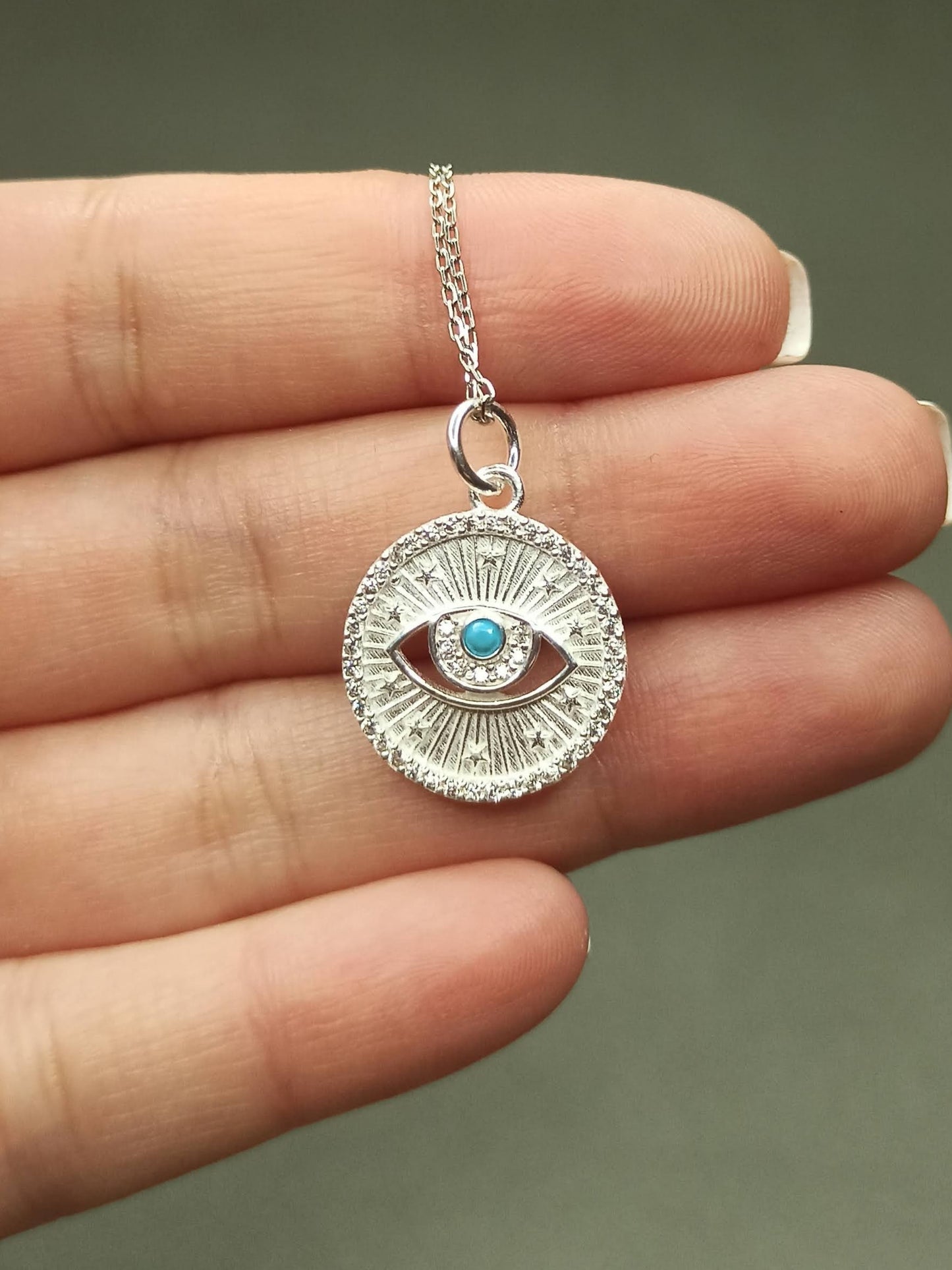 Turkuaz Taşlı Göz Madalyon Kolye