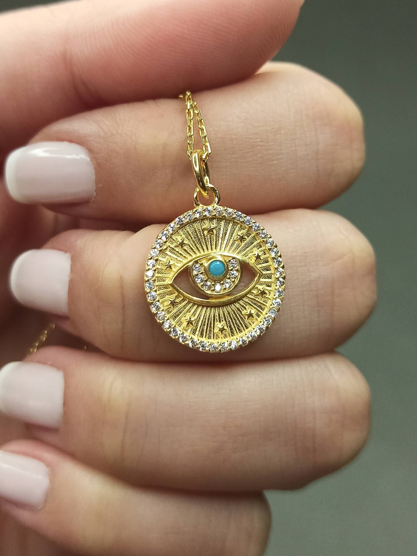 Turkuaz Taşlı Göz Madalyon Kolye