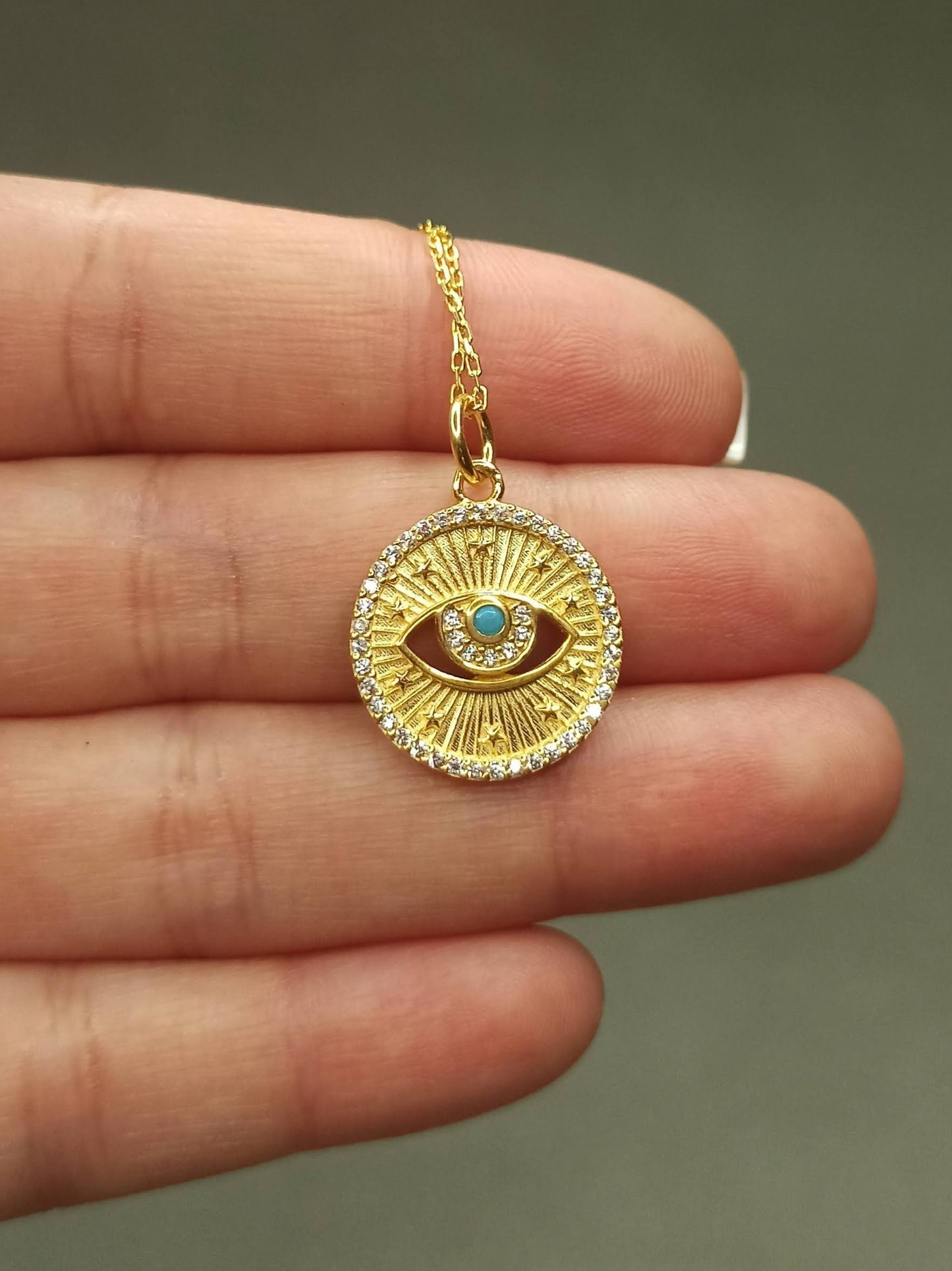 Turkuaz Taşlı Göz Madalyon Kolye