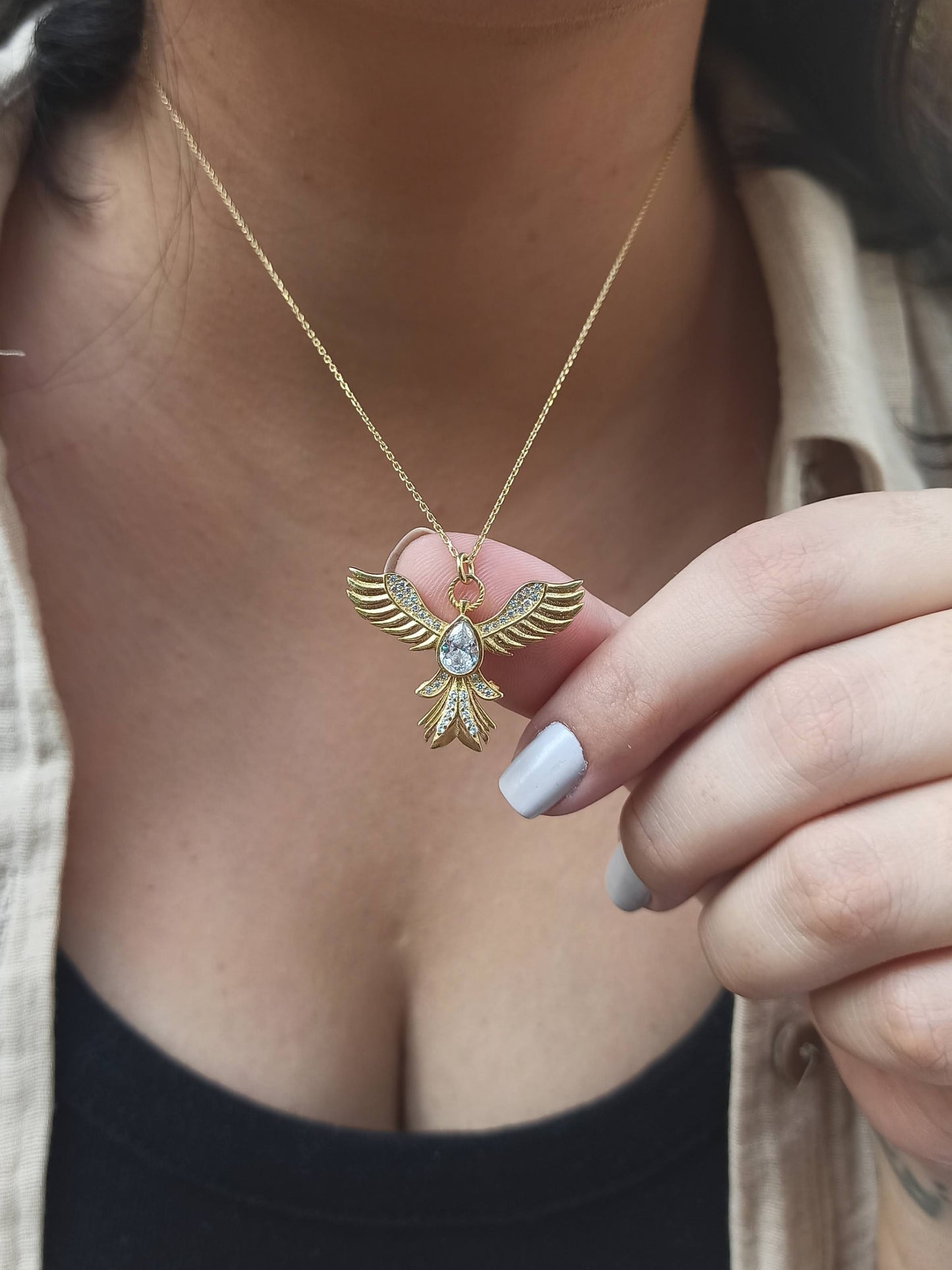 Taşlı Gümüş Anka Kuşu Kolye