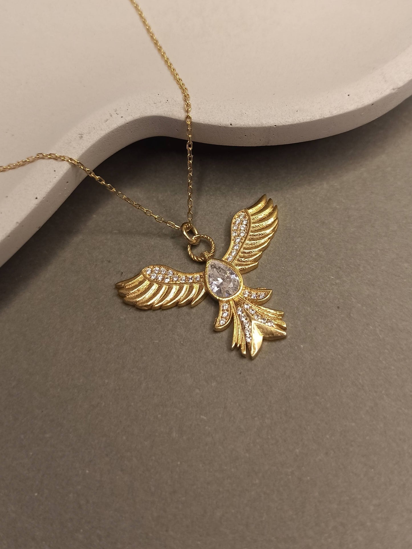 Taşlı Gümüş Anka Kuşu Kolye